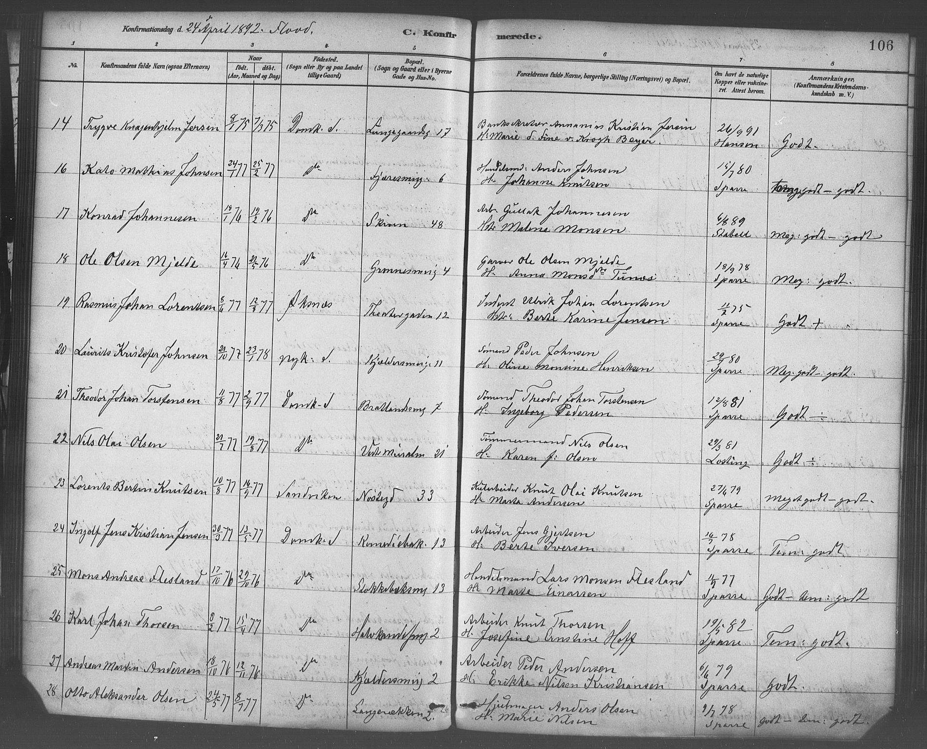Domkirken sokneprestembete, SAB/A-74801/H/Haa/L0030: Parish register (official) no. C 5, 1880-1898, p. 106