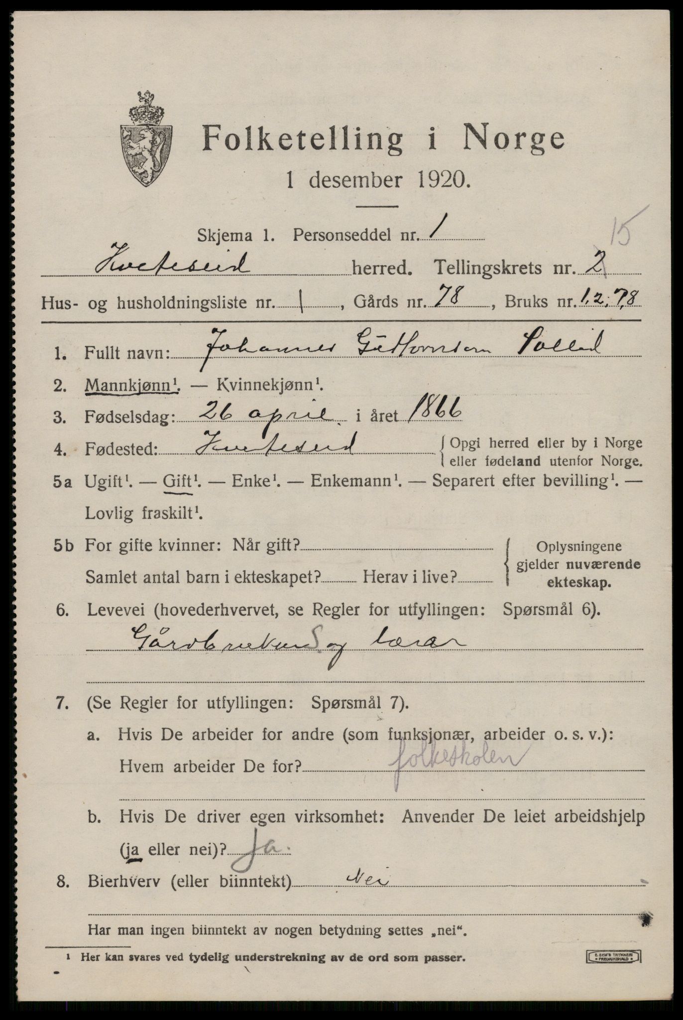 SAKO, 1920 census for Kviteseid, 1920, p. 6961