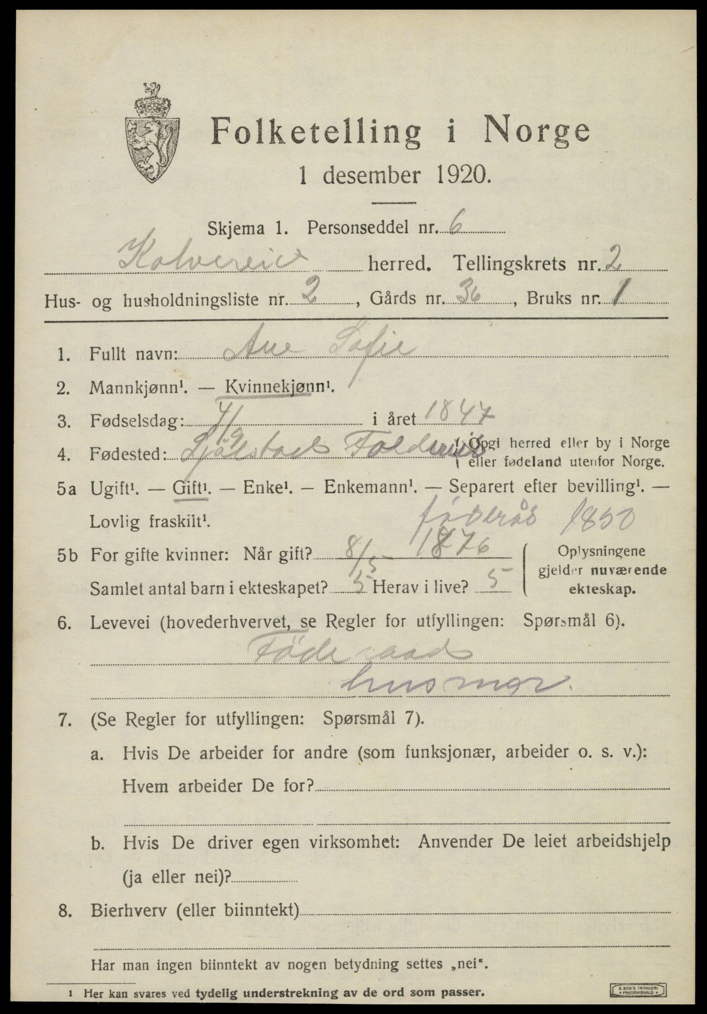 SAT, 1920 census for Kolvereid, 1920, p. 1517