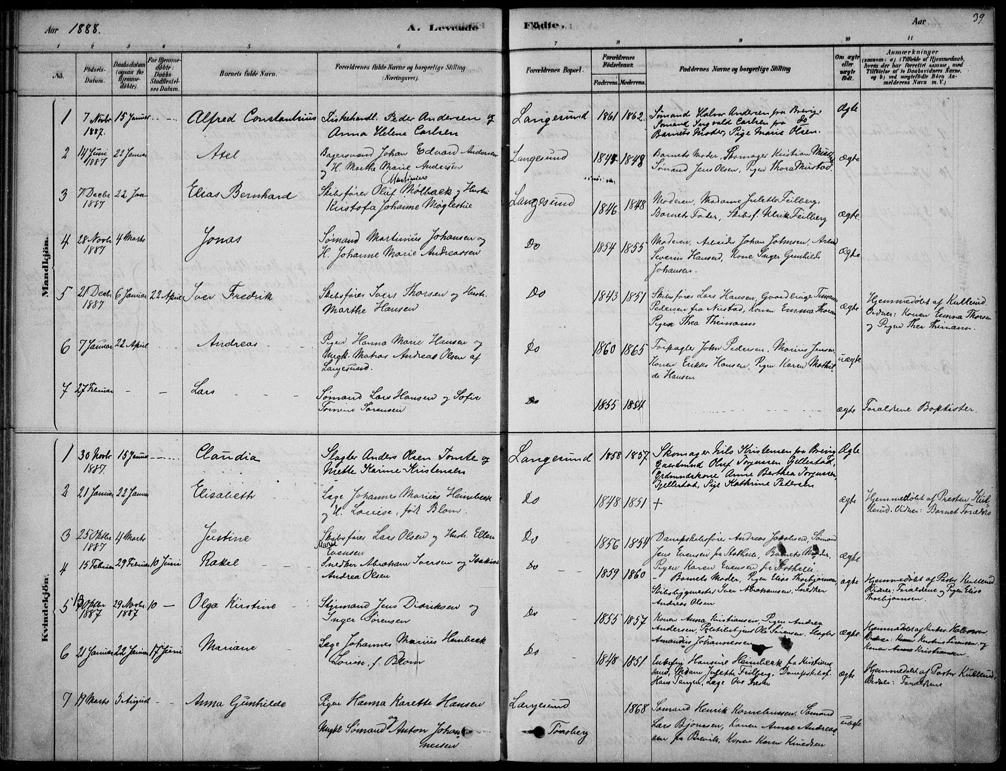 Langesund kirkebøker, AV/SAKO-A-280/F/Fa/L0002: Parish register (official) no. 2, 1878-1892, p. 39