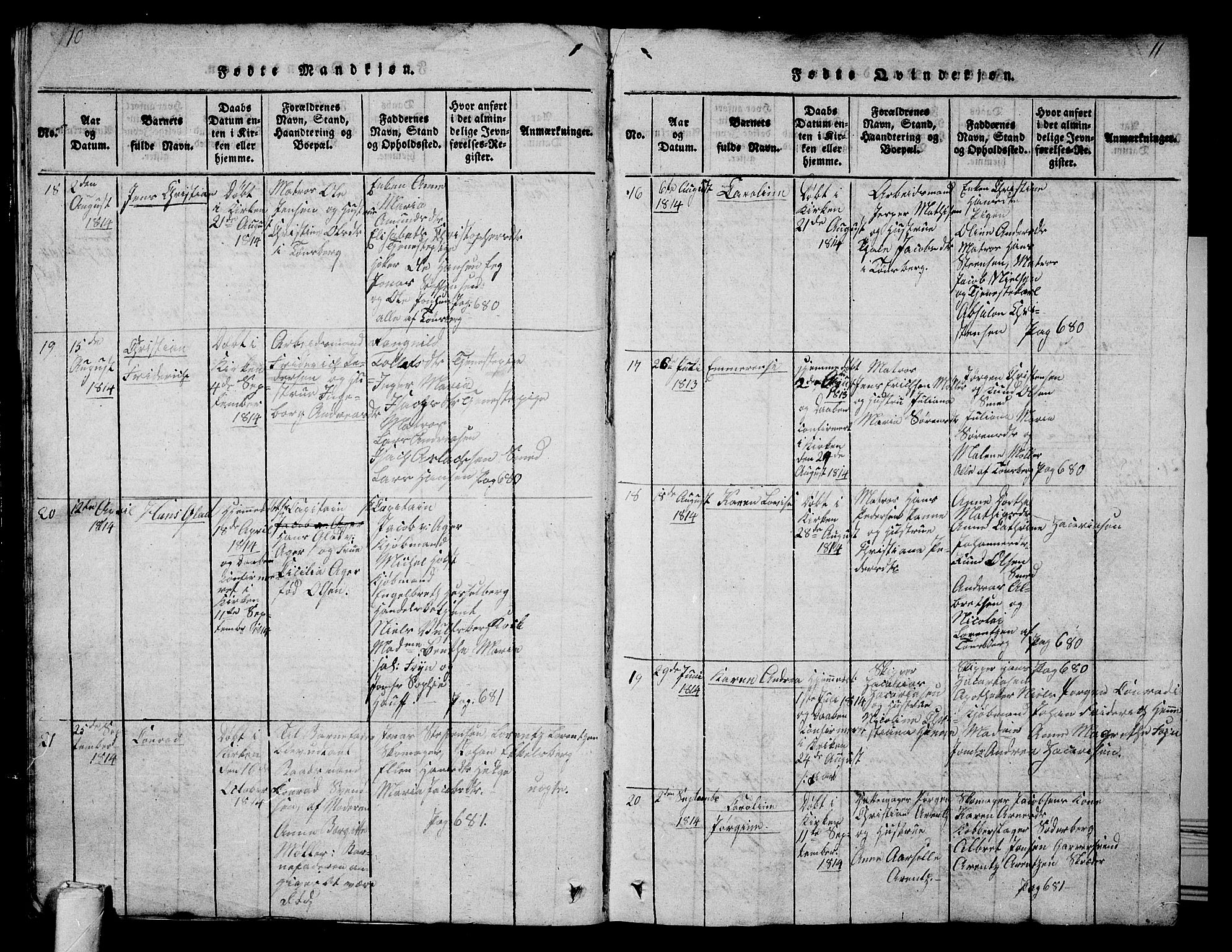 Tønsberg kirkebøker, SAKO/A-330/G/Ga/L0001: Parish register (copy) no. 1, 1813-1826, p. 10-11