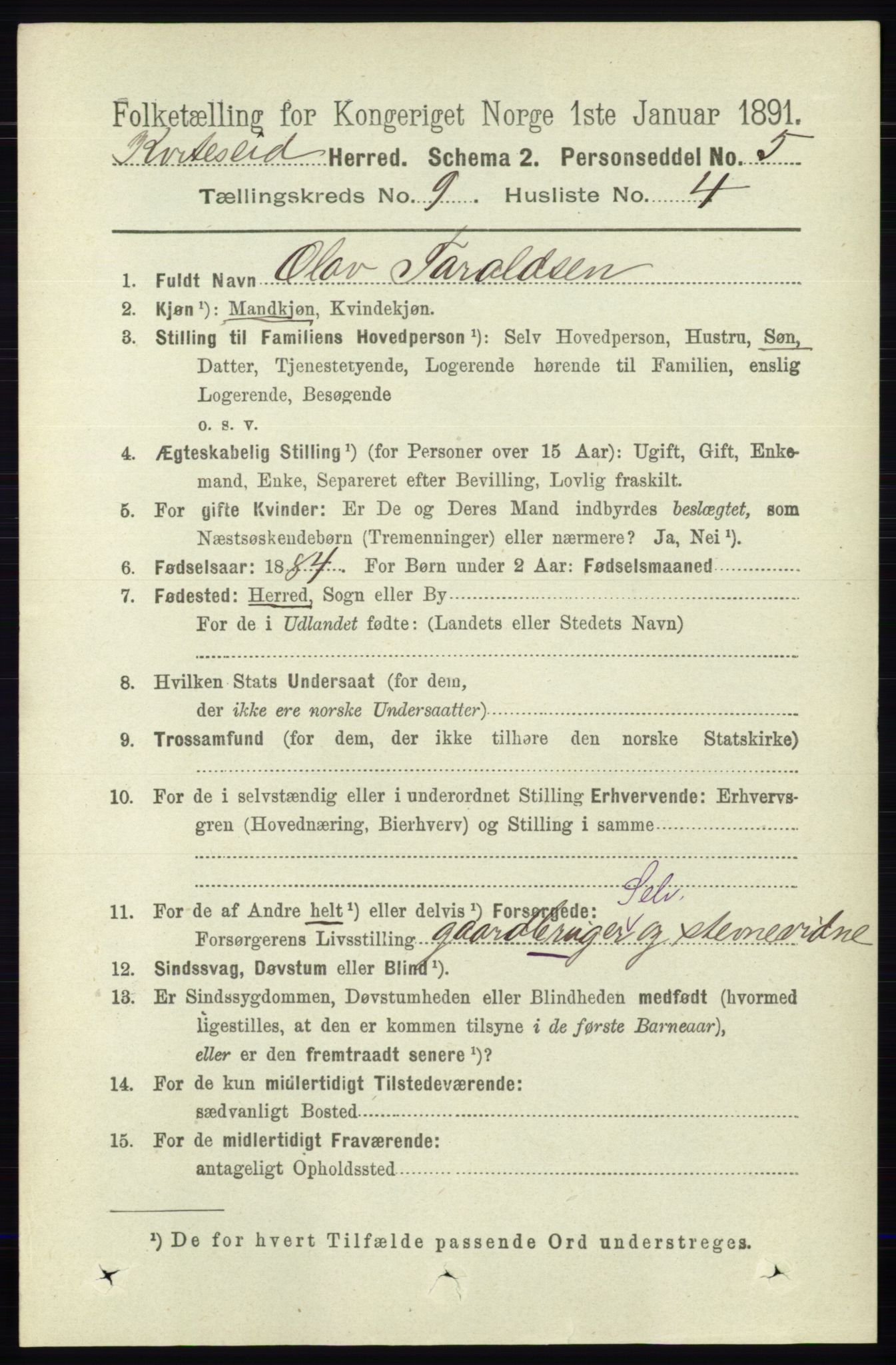 RA, 1891 census for 0829 Kviteseid, 1891, p. 2005