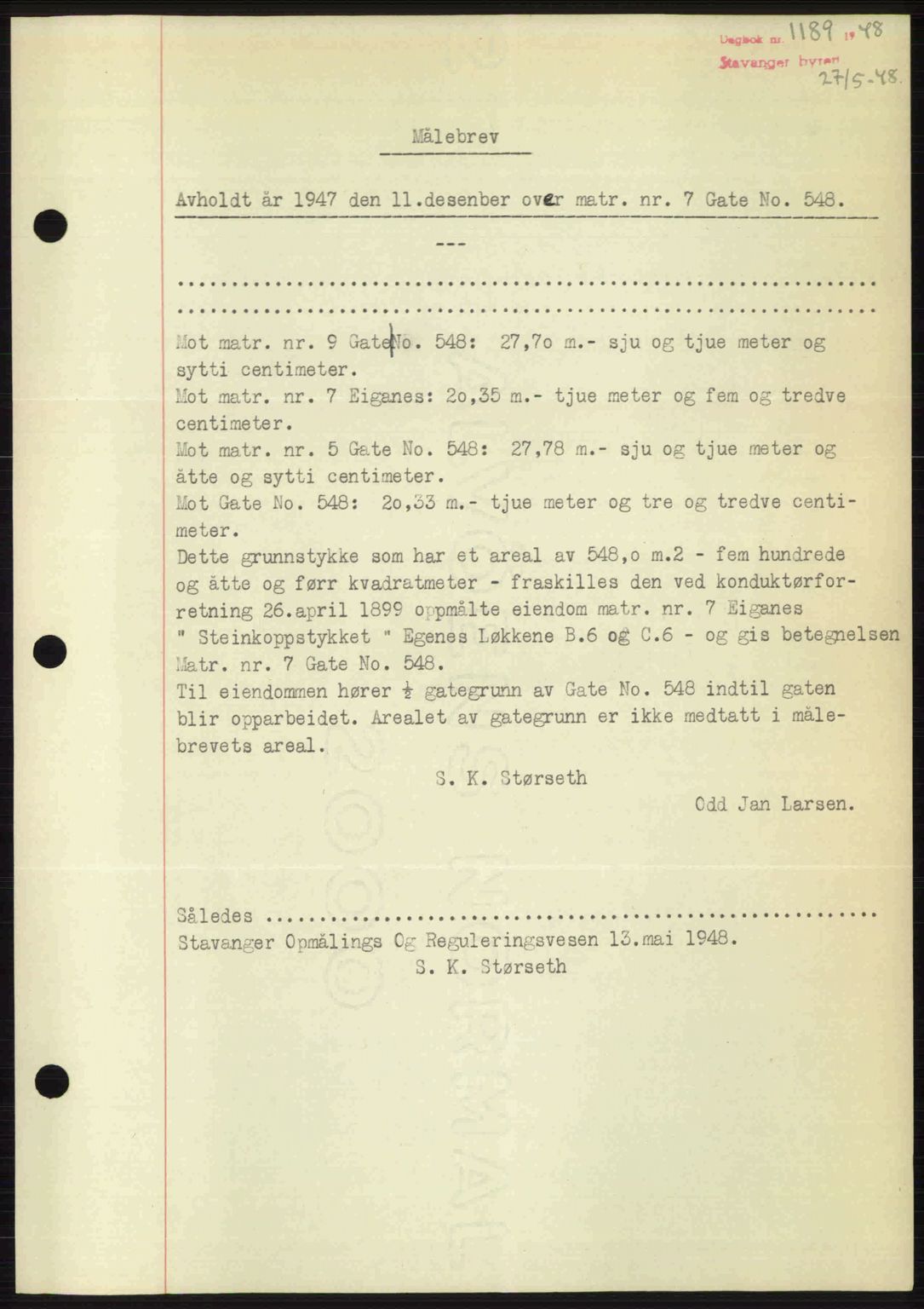 Stavanger byrett, SAST/A-100455/002/G/Gb/L0022: Mortgage book no. A11, 1947-1948, Diary no: : 1189/1948