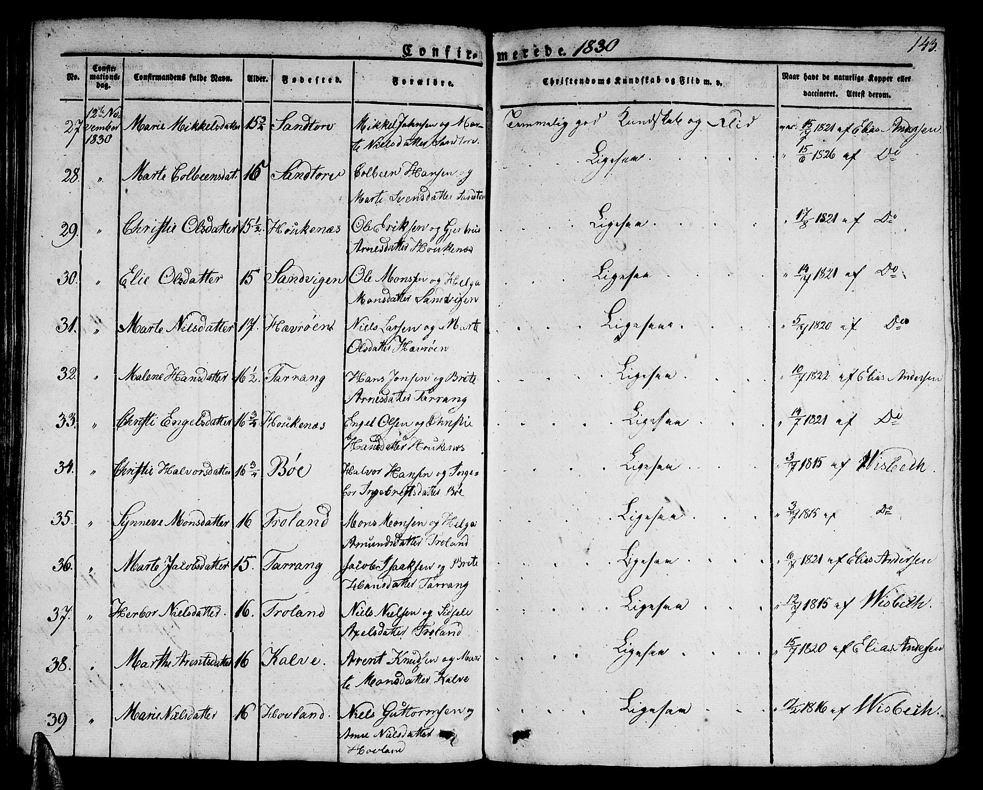 Sund sokneprestembete, SAB/A-99930: Parish register (official) no. A 12, 1825-1835, p. 143