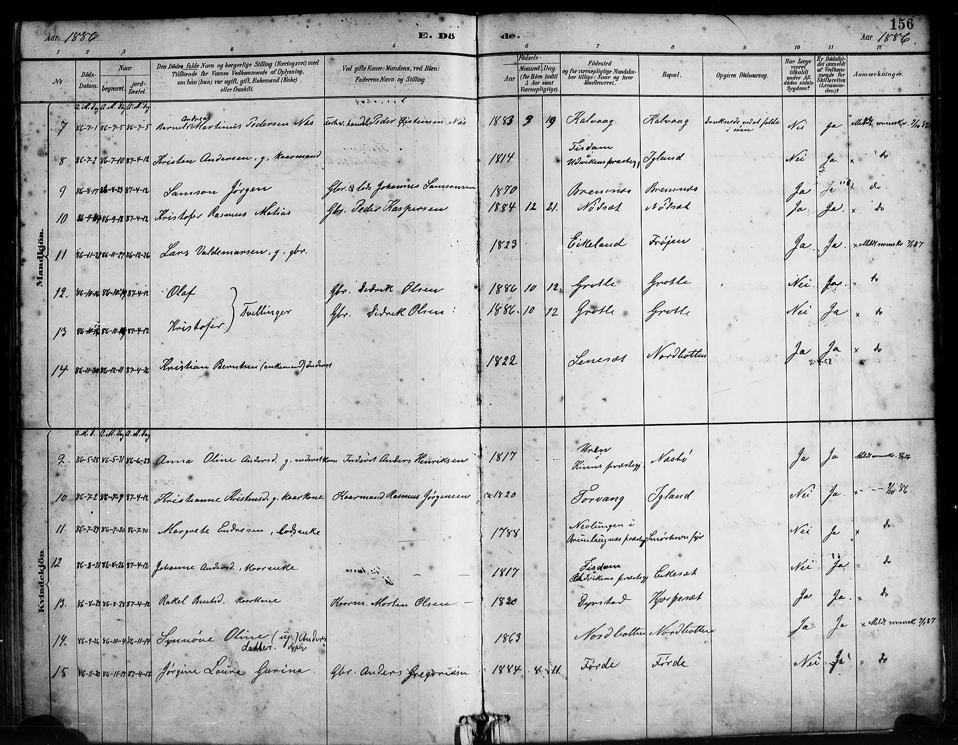 Bremanger sokneprestembete, AV/SAB-A-82201/H/Haa/Haab/L0001: Parish register (official) no. B 1, 1884-1895, p. 156