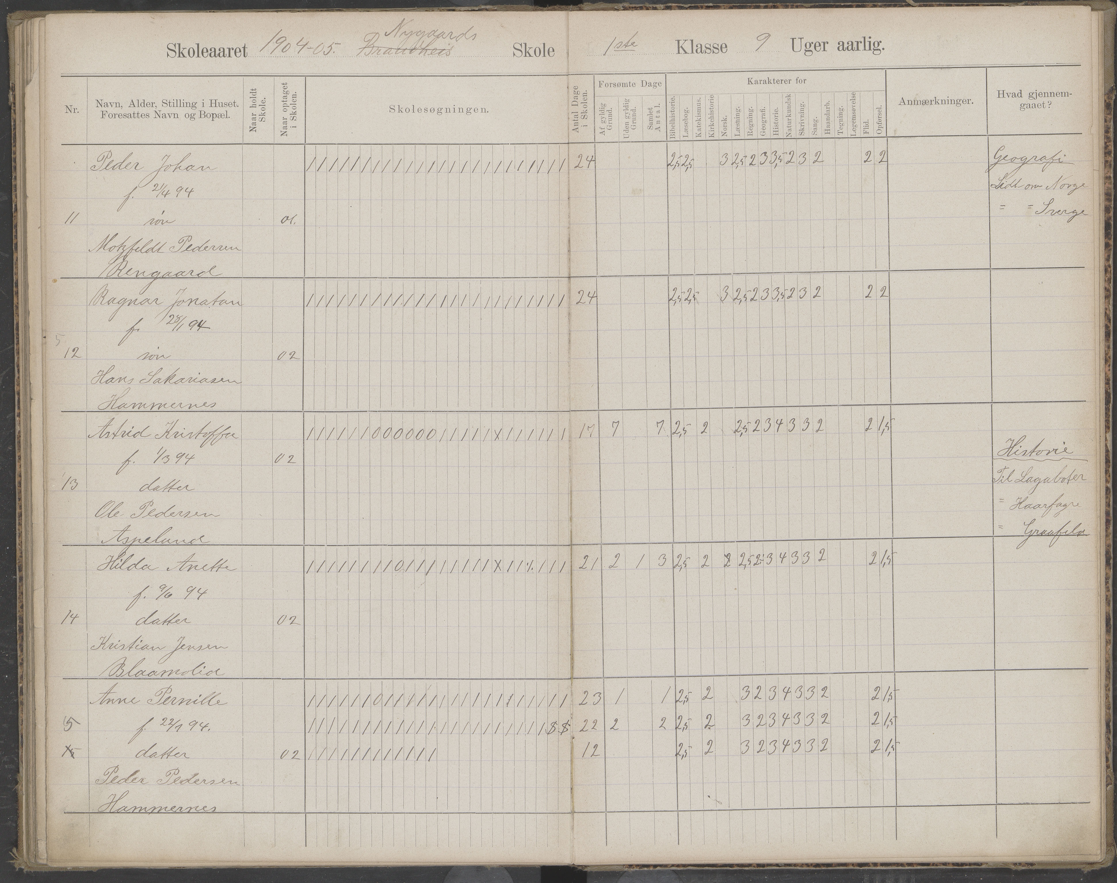 Beiarn kommune. Brandhei skolekrets, AIN/K-18390.510.03/442/L0003: Karakter/oversiktsprotokoll, 1893-1910