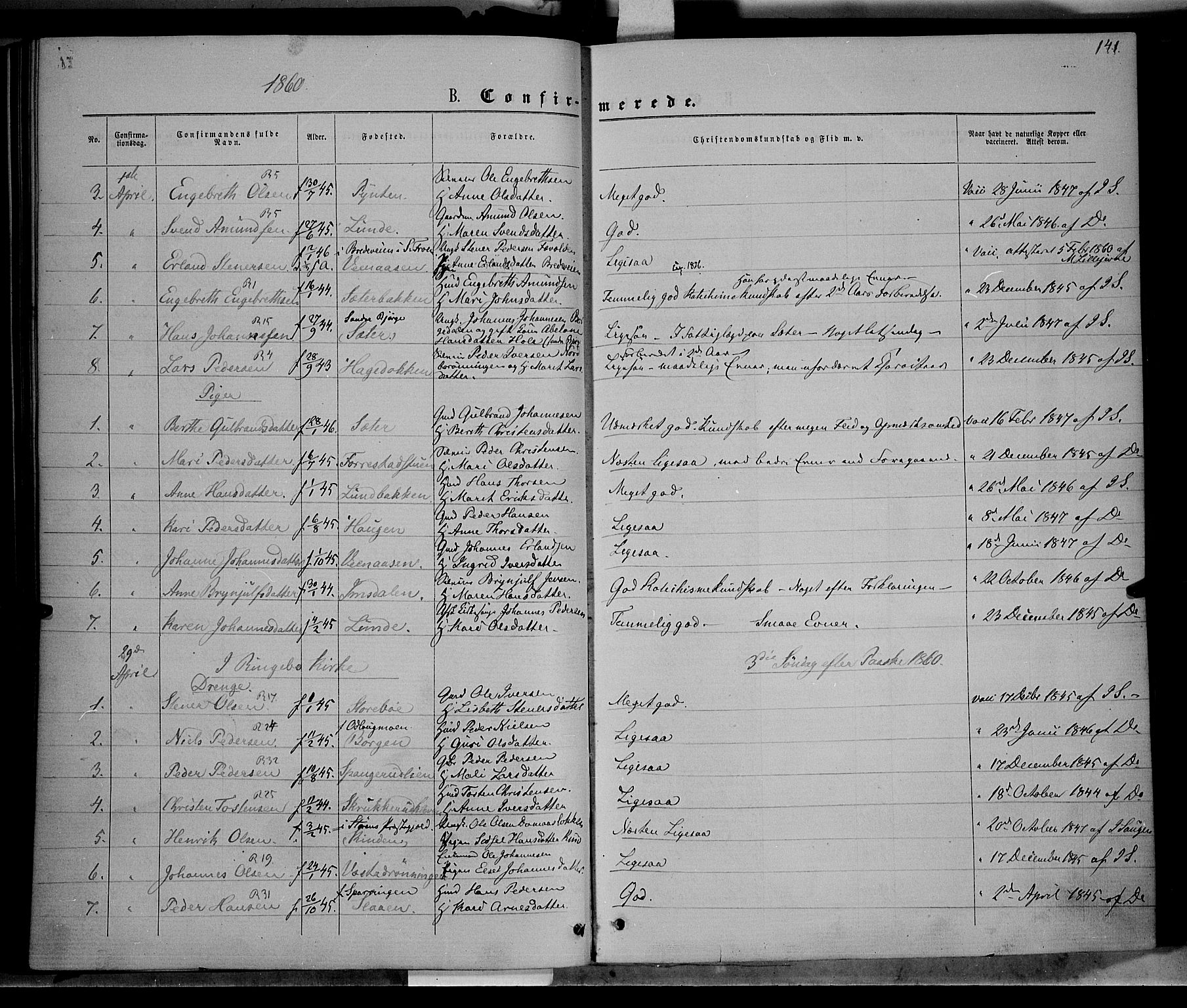 Ringebu prestekontor, SAH/PREST-082/H/Ha/Haa/L0007: Parish register (official) no. 7, 1860-1877, p. 141