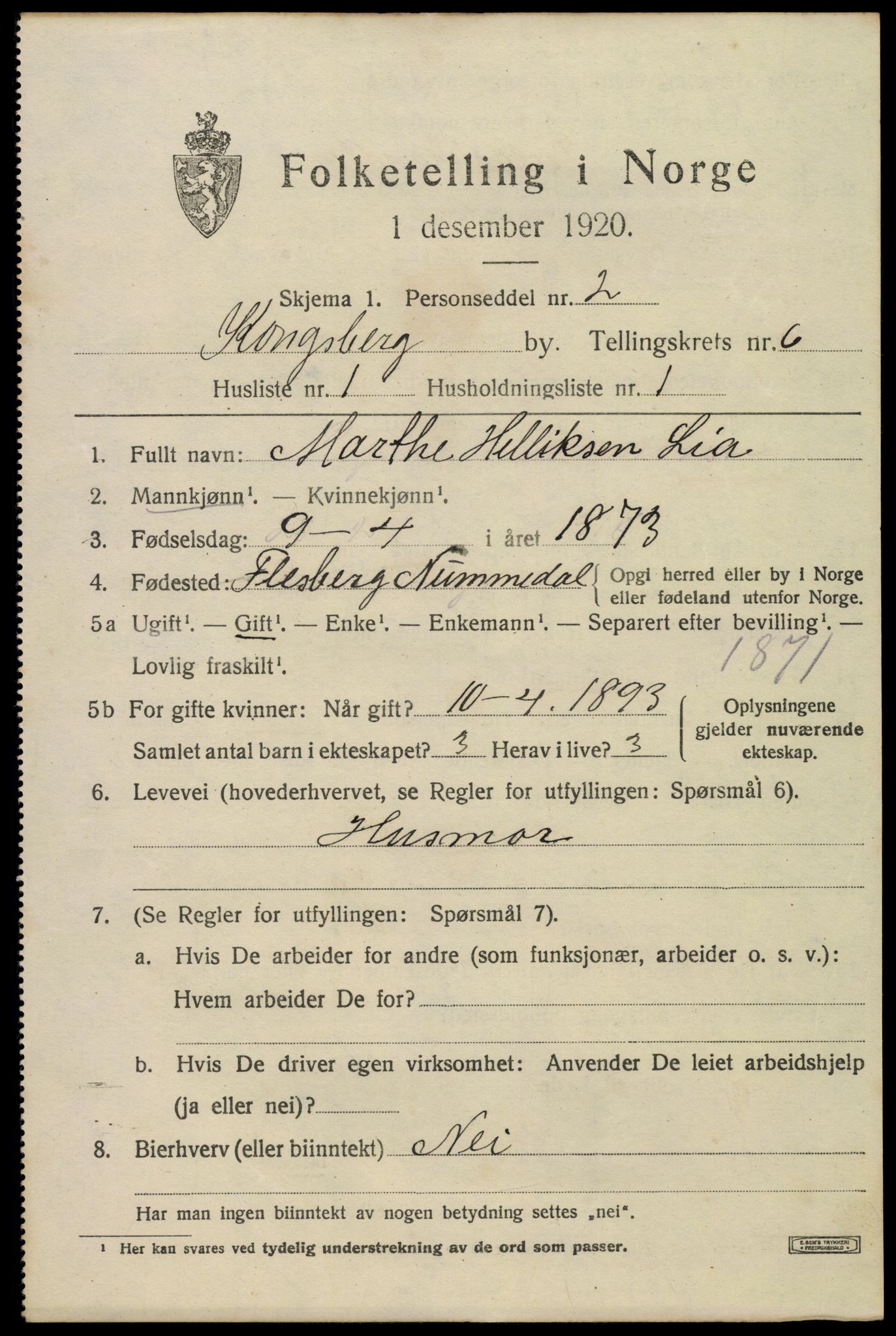 SAKO, 1920 census for Kongsberg, 1920, p. 13576