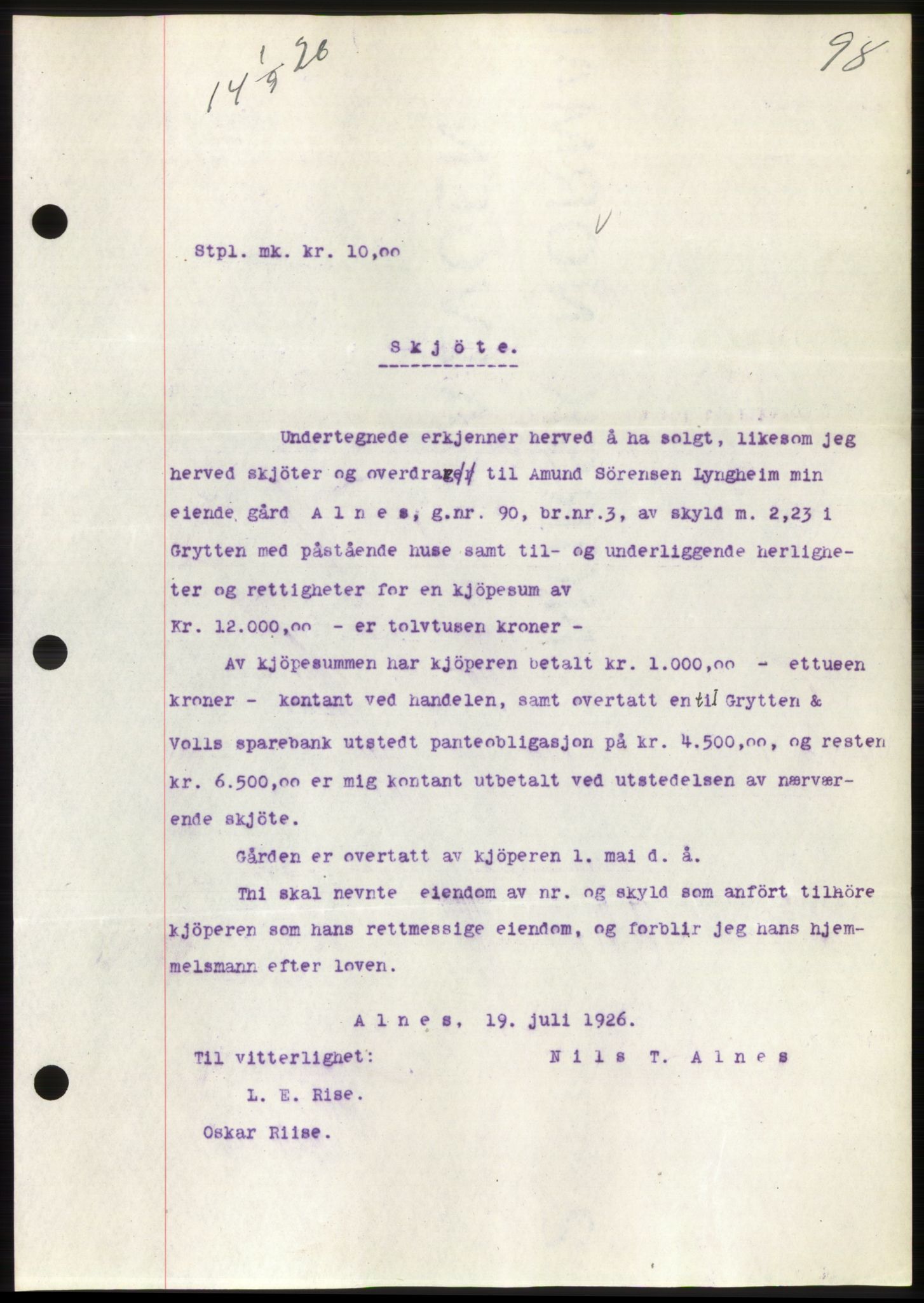 Romsdal sorenskriveri, AV/SAT-A-4149/1/2/2C/L0051: Mortgage book no. 45, 1926-1927, Deed date: 01.09.1926