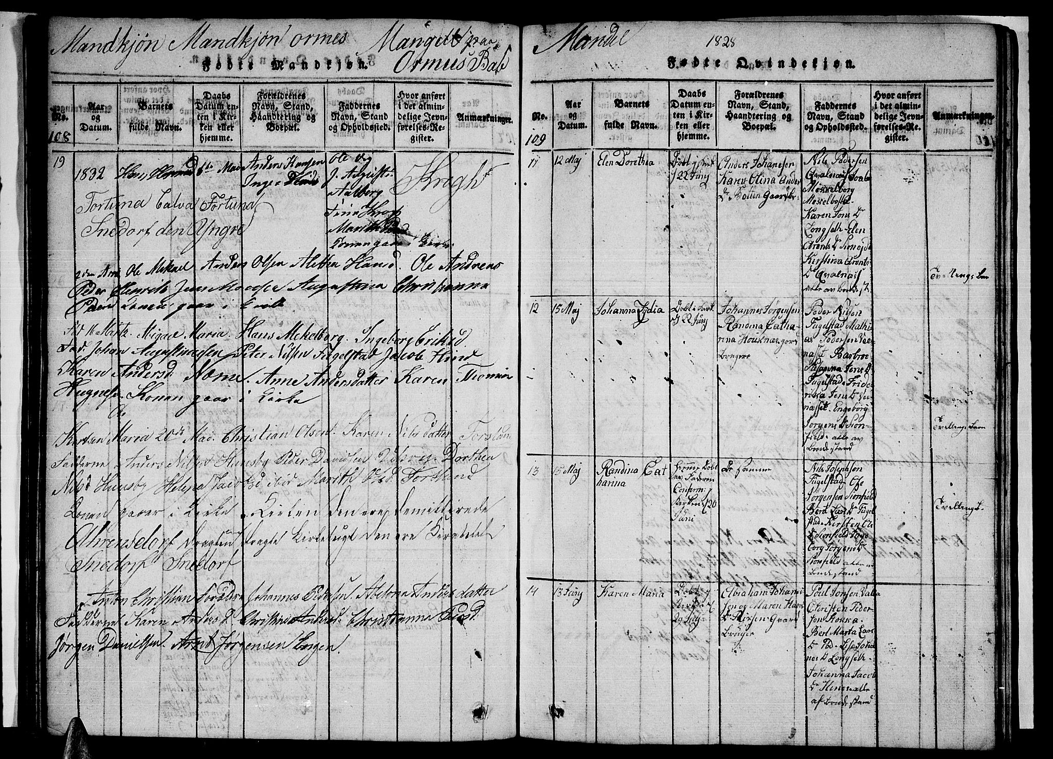 Ministerialprotokoller, klokkerbøker og fødselsregistre - Nordland, AV/SAT-A-1459/838/L0554: Parish register (copy) no. 838C01, 1820-1828, p. 108-109