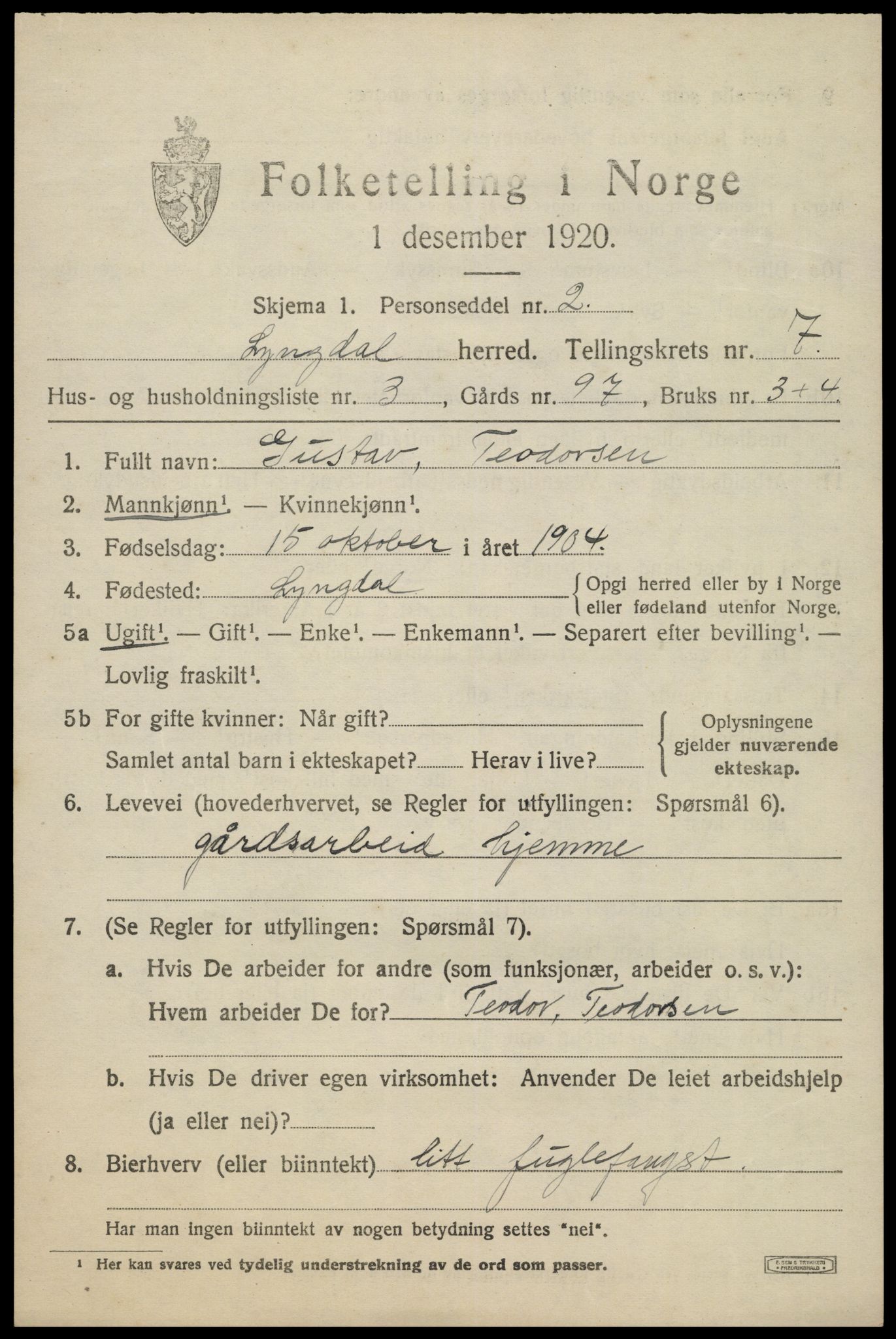 SAK, 1920 census for Lyngdal, 1920, p. 3937