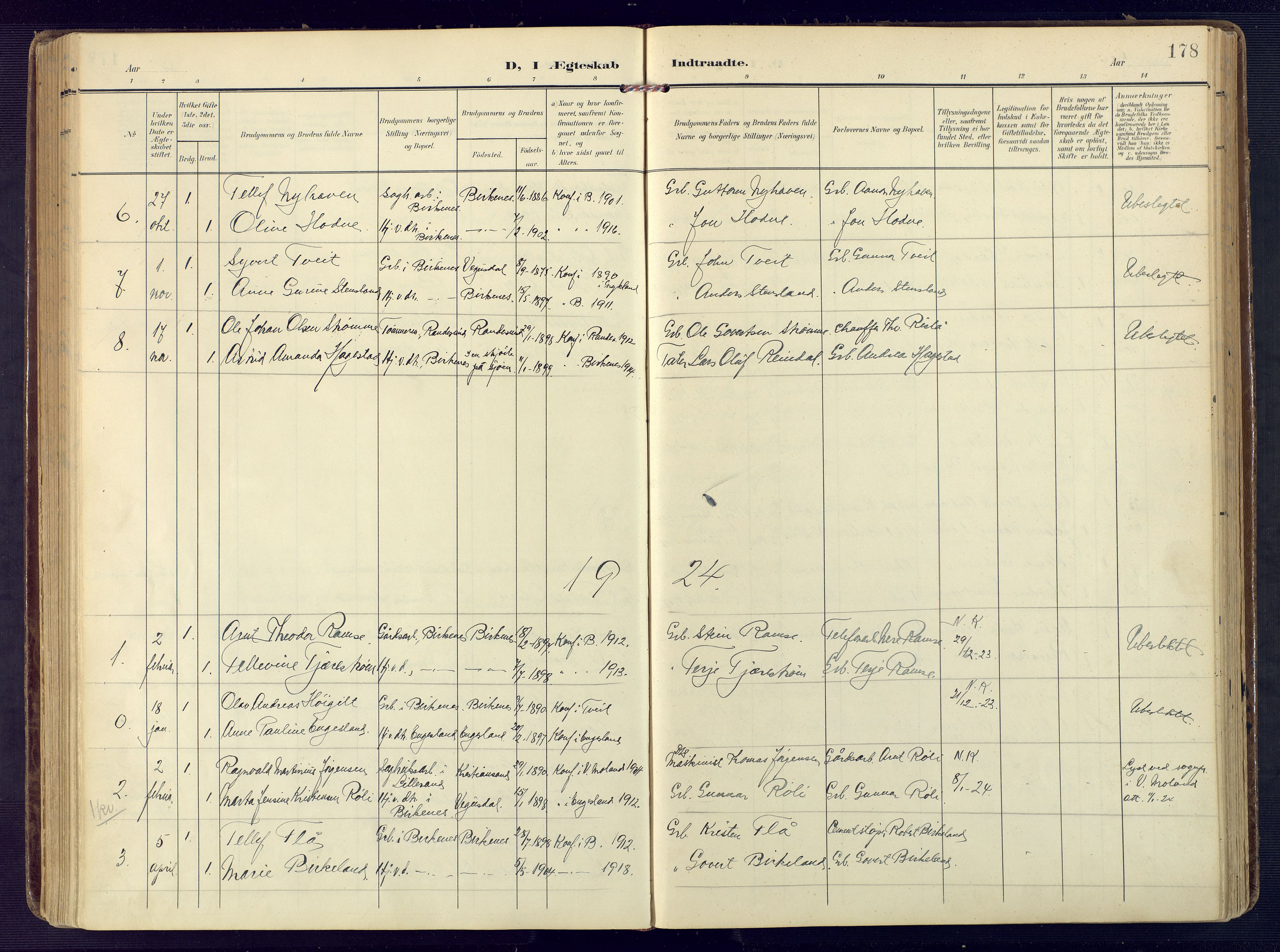 Birkenes sokneprestkontor, SAK/1111-0004/F/Fa/L0006: Parish register (official) no. A 6, 1908-1932, p. 178