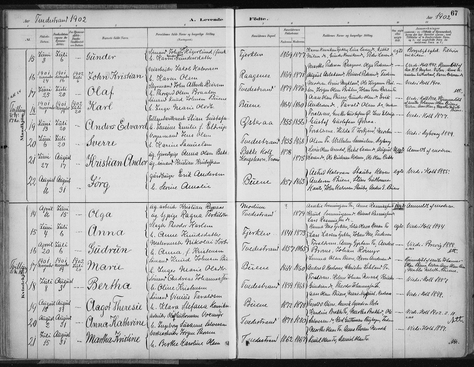 Tvedestrand sokneprestkontor, AV/SAK-1111-0042/F/Fa/L0001: Parish register (official) no. A 1, 1885-1916, p. 67