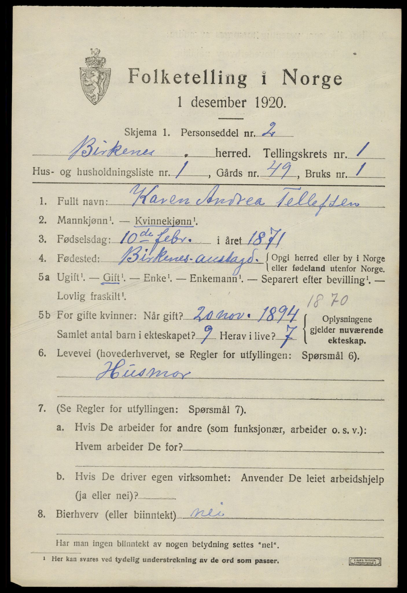 SAK, 1920 census for Birkenes, 1920, p. 787