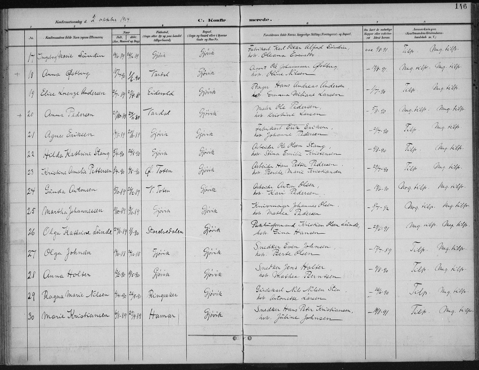 Vardal prestekontor, SAH/PREST-100/H/Ha/Haa/L0013: Parish register (official) no. 13, 1901-1911, p. 146