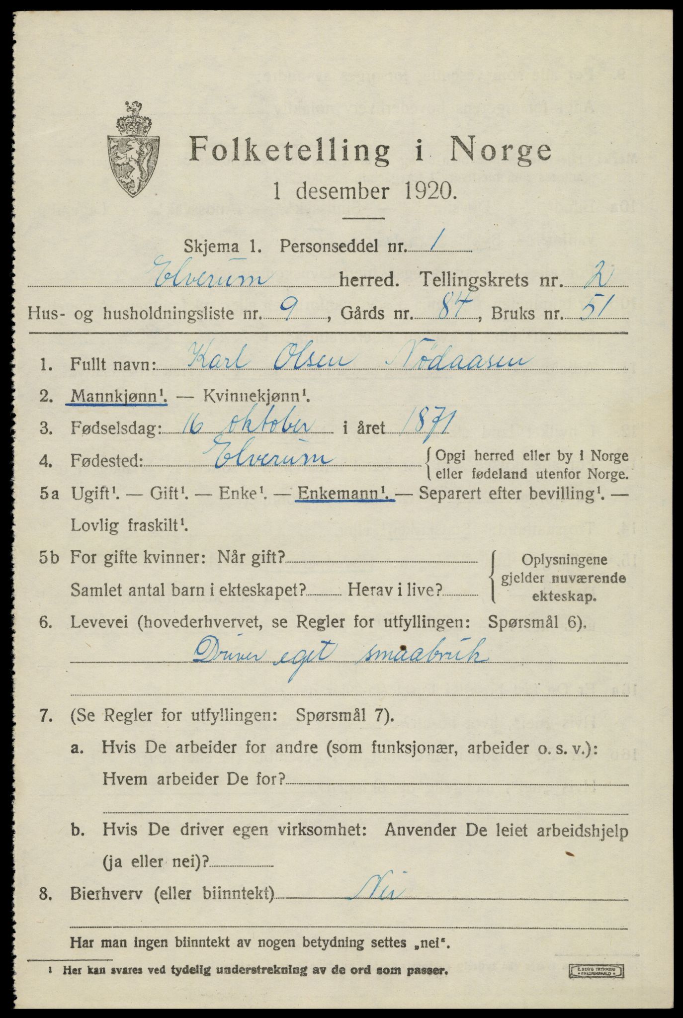 SAH, 1920 census for Elverum, 1920, p. 4684