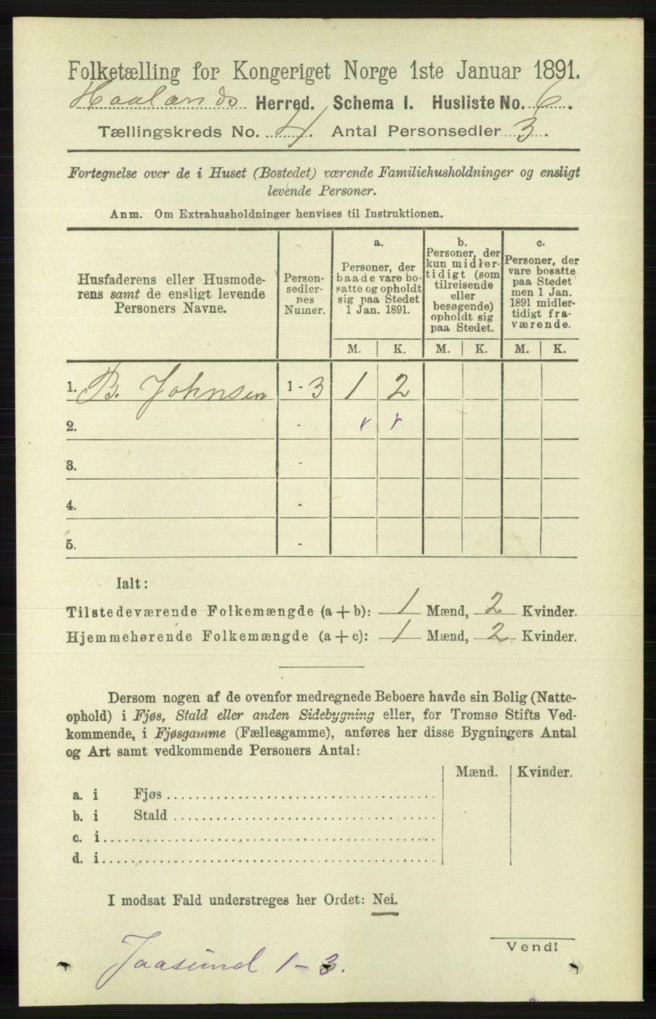 RA, 1891 census for 1124 Haaland, 1891, p. 2289