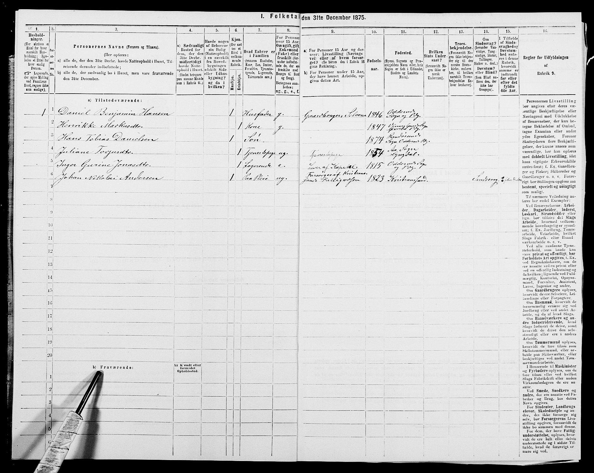 SAK, 1875 census for 1012P Oddernes, 1875, p. 990