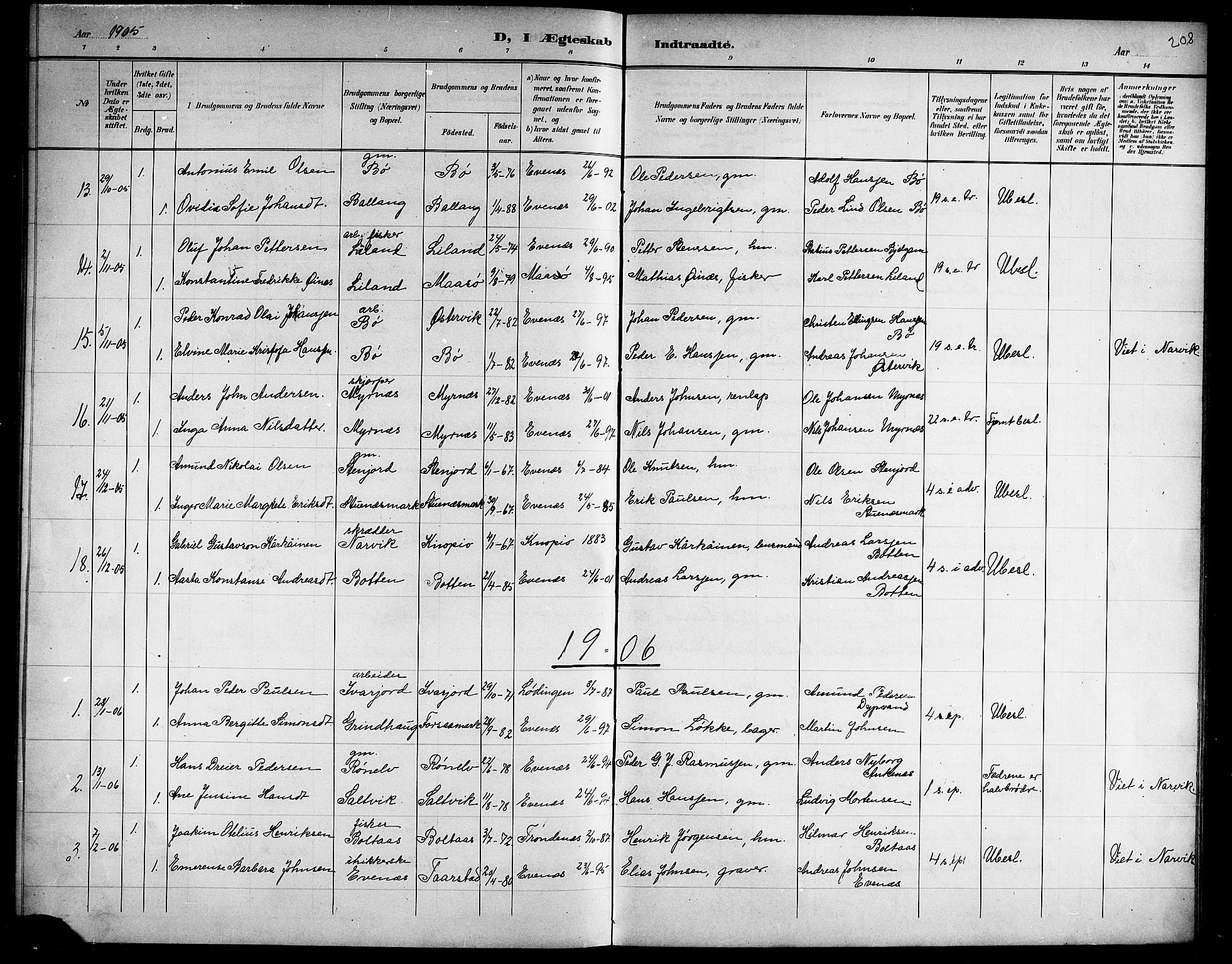 Ministerialprotokoller, klokkerbøker og fødselsregistre - Nordland, AV/SAT-A-1459/863/L0915: Parish register (copy) no. 863C05, 1898-1907, p. 208