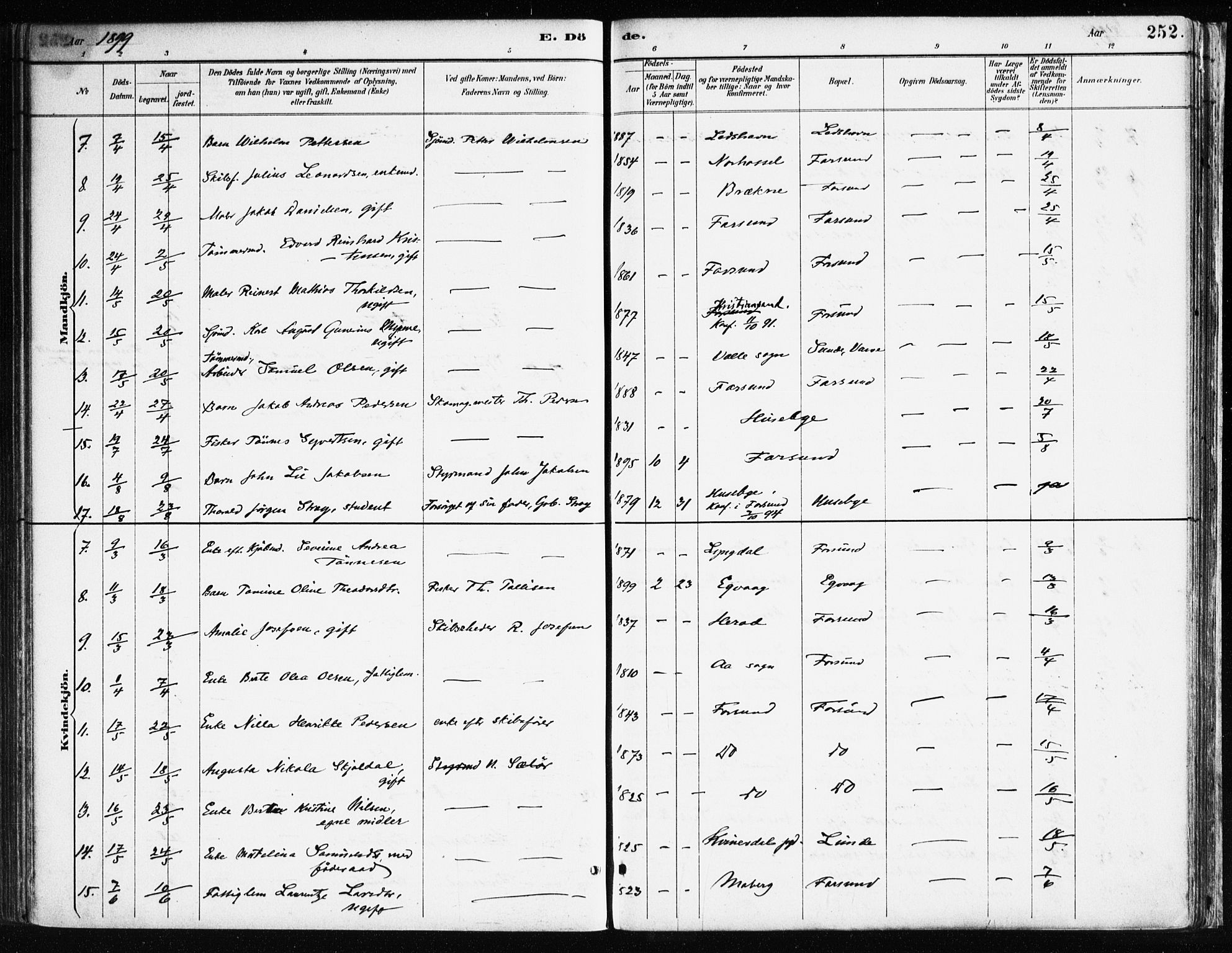 Farsund sokneprestkontor, SAK/1111-0009/F/Fa/L0006: Parish register (official) no. A 6, 1887-1920, p. 252