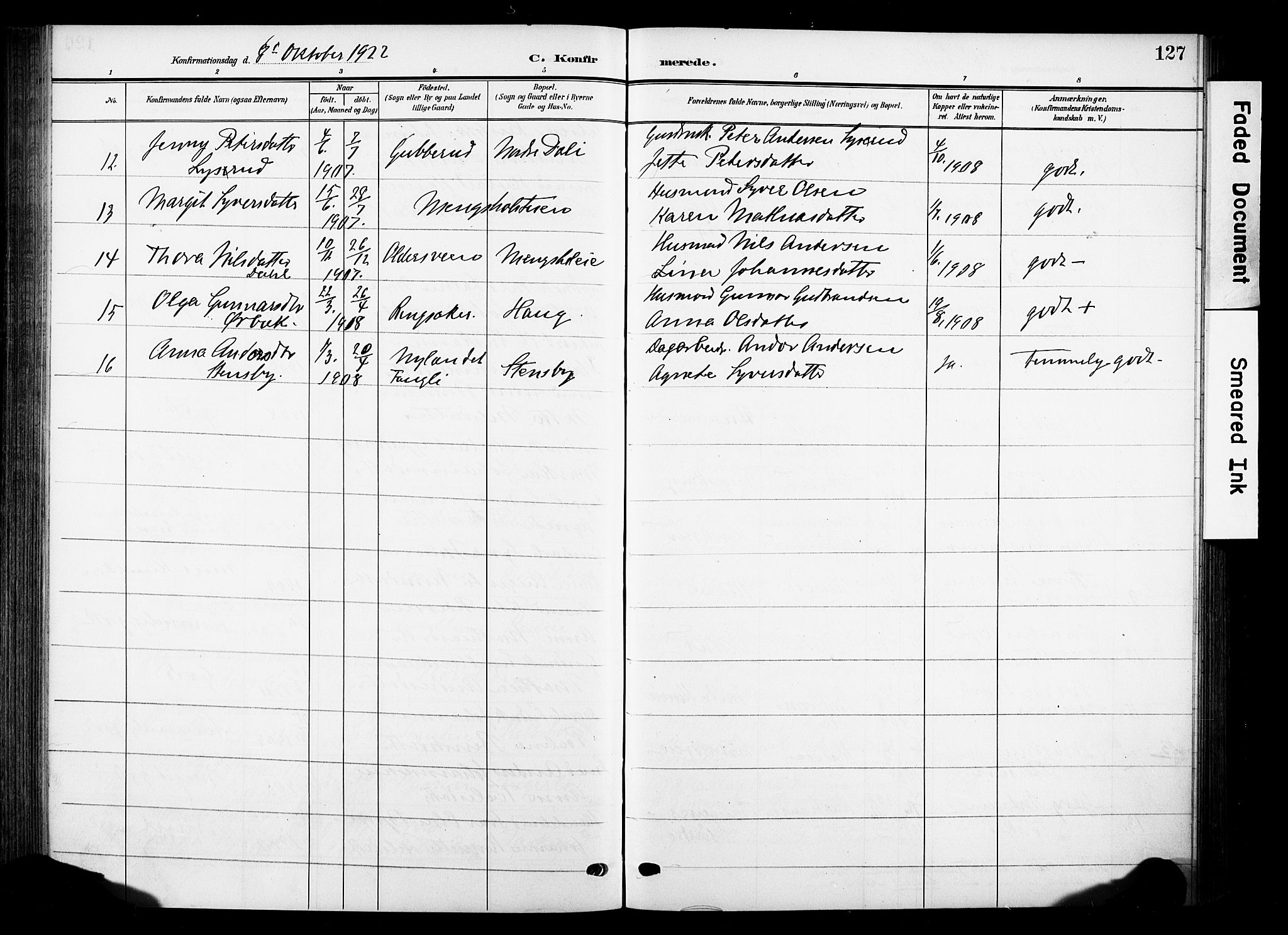 Nes prestekontor, Hedmark, SAH/PREST-020/K/Ka/L0013: Parish register (official) no. 13, 1906-1924, p. 127