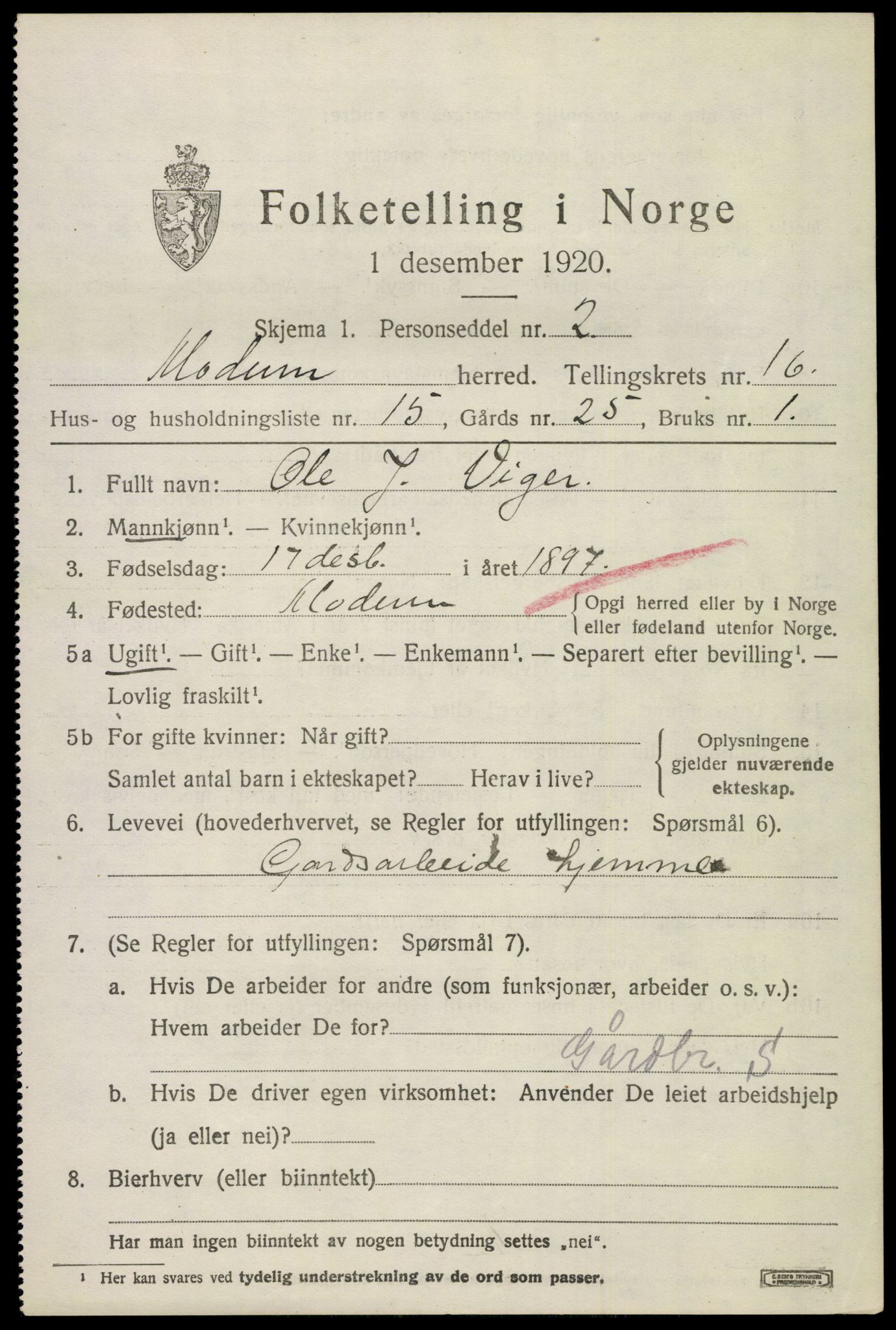 SAKO, 1920 census for Modum, 1920, p. 19613