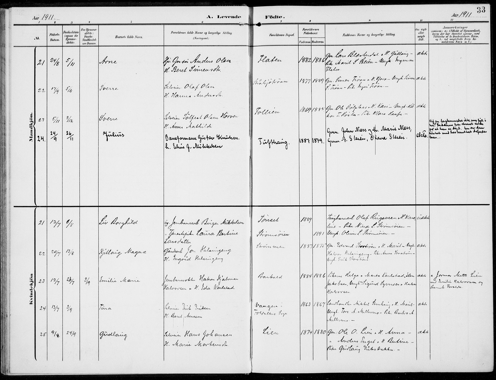 Alvdal prestekontor, AV/SAH-PREST-060/H/Ha/Haa/L0004: Parish register (official) no. 4, 1907-1919, p. 33