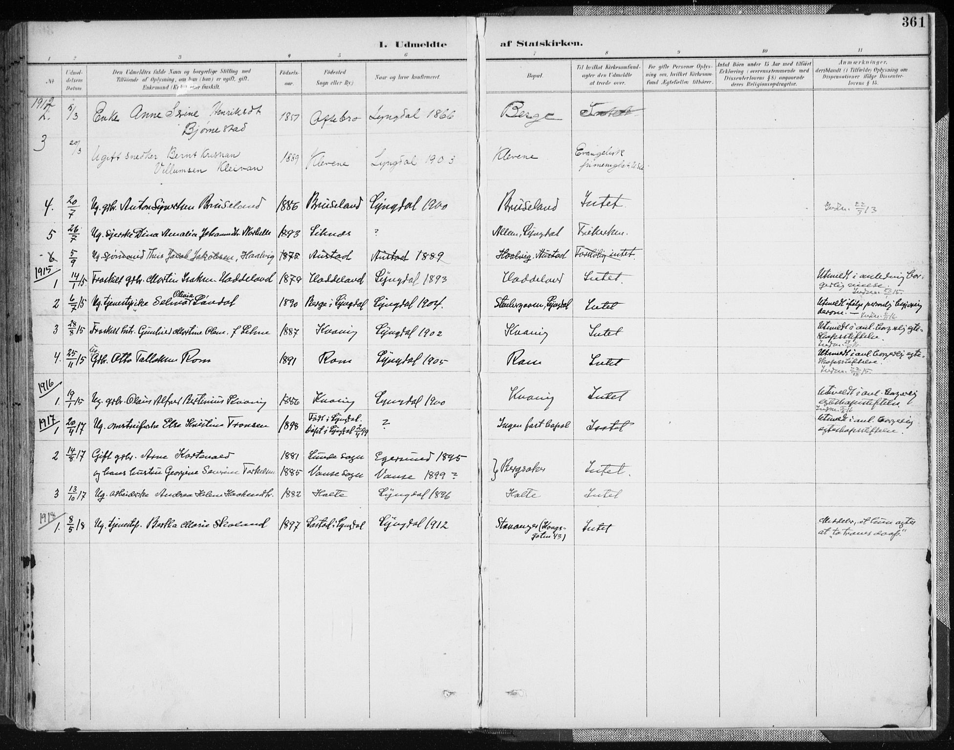 Lyngdal sokneprestkontor, AV/SAK-1111-0029/F/Fa/Fac/L0012: Parish register (official) no. A 12, 1894-1918, p. 361