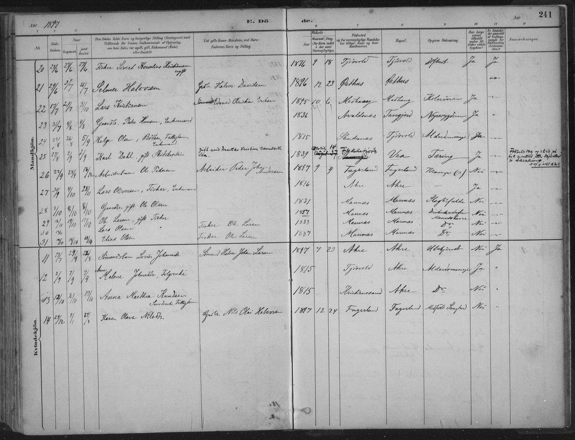Kopervik sokneprestkontor, SAST/A-101850/H/Ha/Haa/L0004: Parish register (official) no. A 4, 1882-1905, p. 241