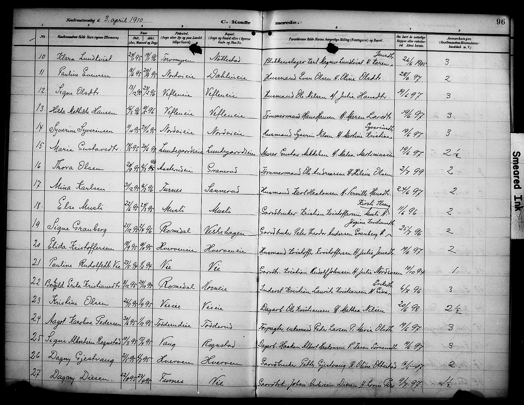 Stange prestekontor, AV/SAH-PREST-002/K/L0022: Parish register (official) no. 22, 1903-1914, p. 96