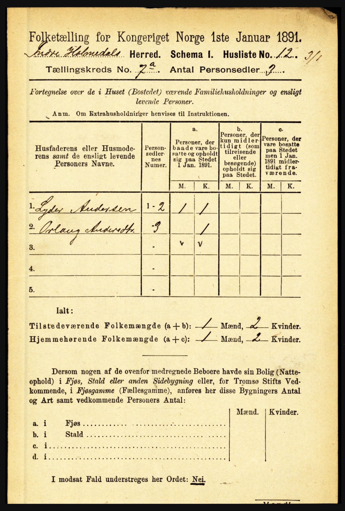 RA, 1891 census for 1430 Indre Holmedal, 1891, p. 2897