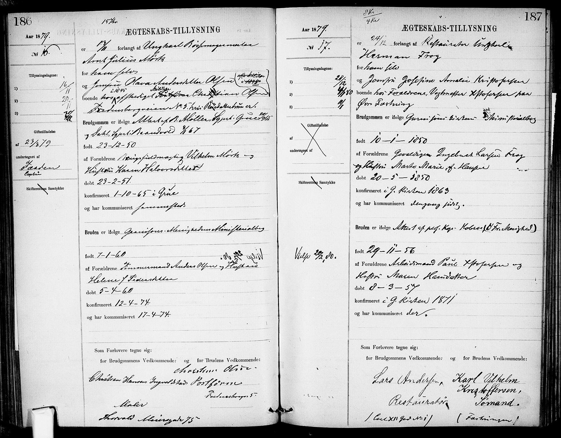 Garnisonsmenigheten Kirkebøker, AV/SAO-A-10846/H/Ha/L0007: Banns register no. I 7, 1872-1893, p. 186-187