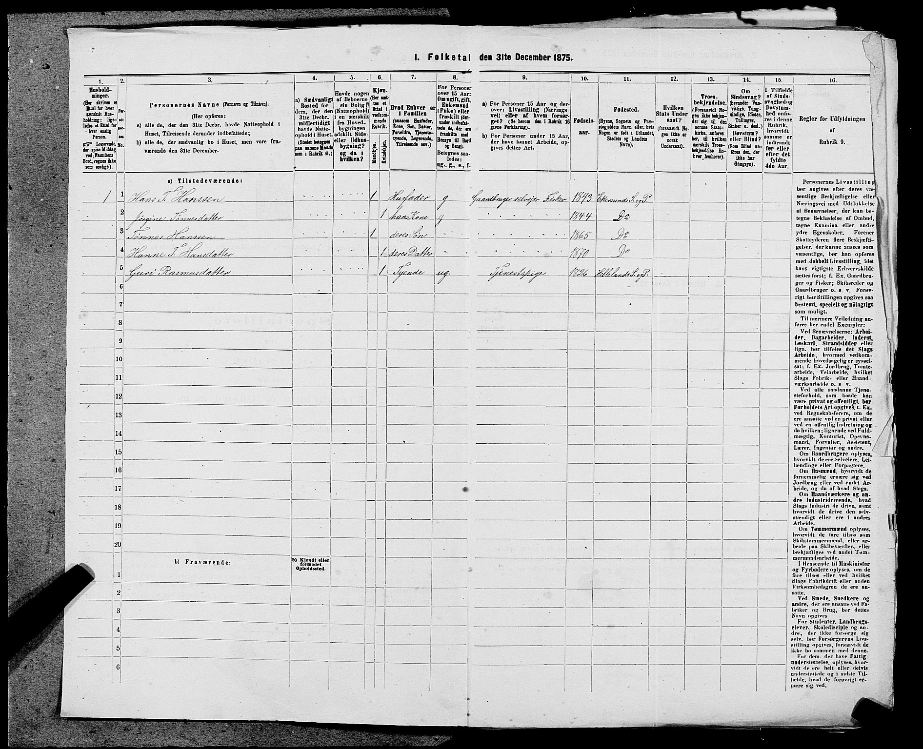 SAST, 1875 census for 1116L Eigersund/Eigersund og Ogna, 1875, p. 71