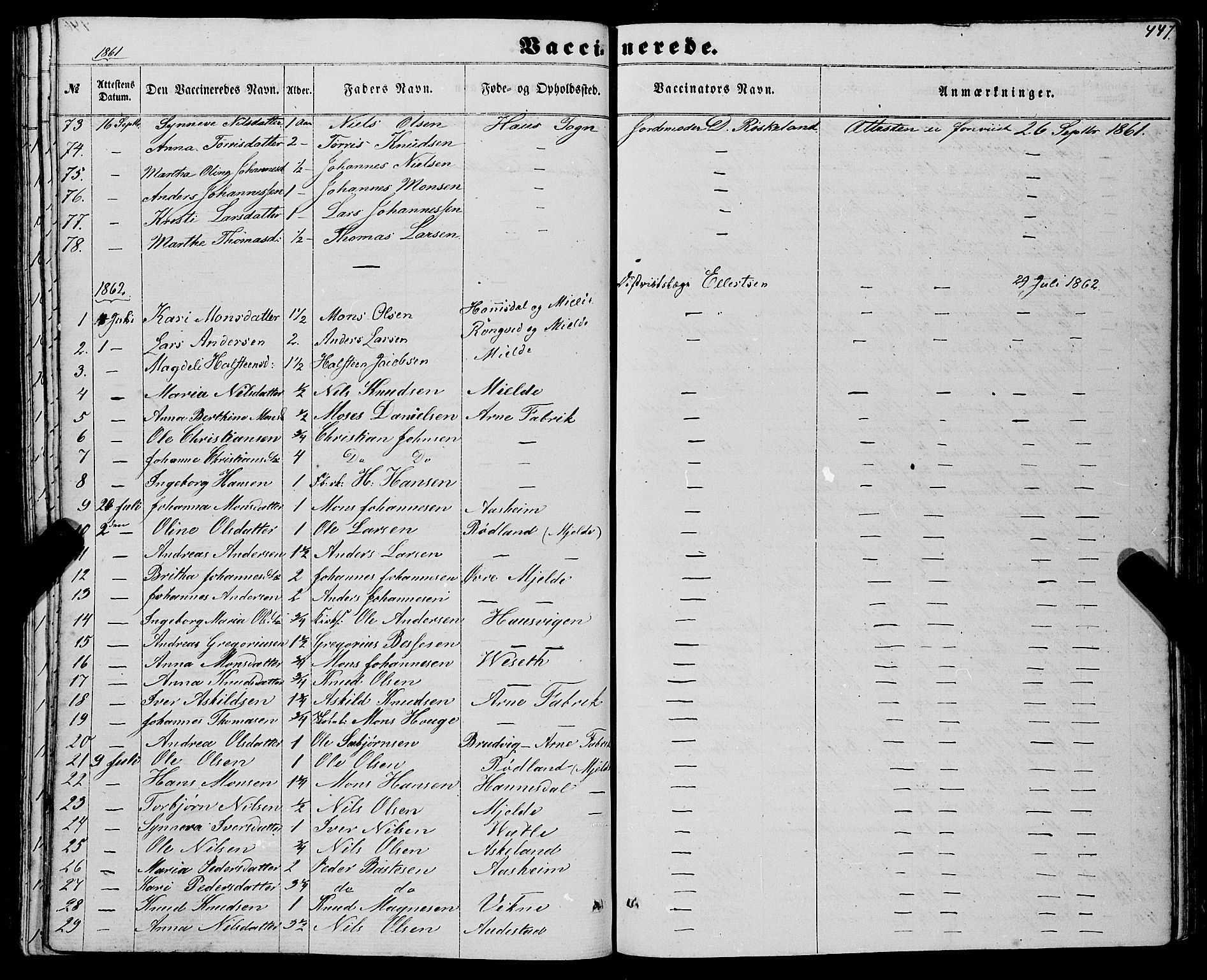 Haus sokneprestembete, AV/SAB-A-75601/H/Haa: Parish register (official) no. A 17, 1858-1870, p. 447