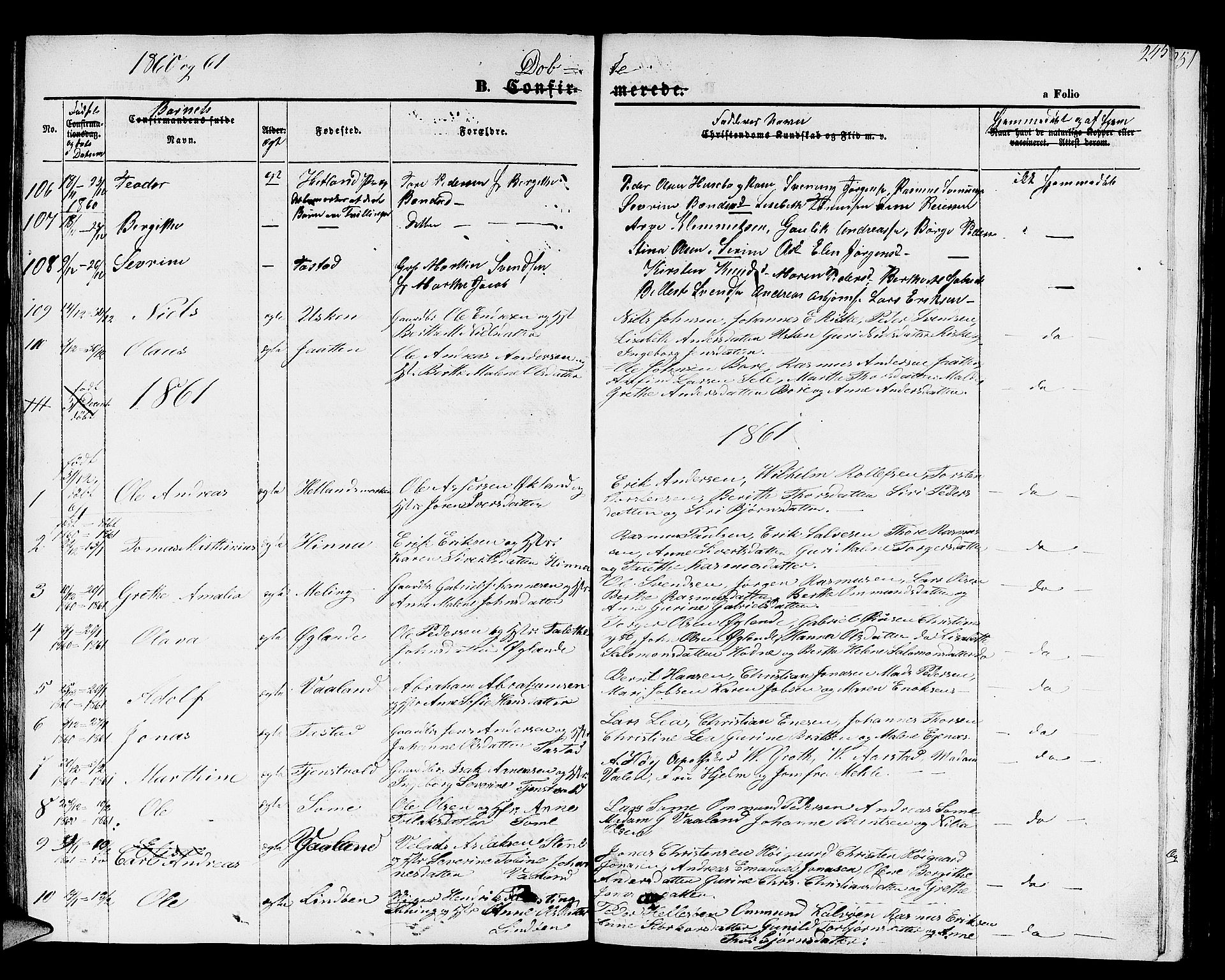 Hetland sokneprestkontor, SAST/A-101826/30/30BB/L0001: Parish register (copy) no. B 1, 1850-1868, p. 245