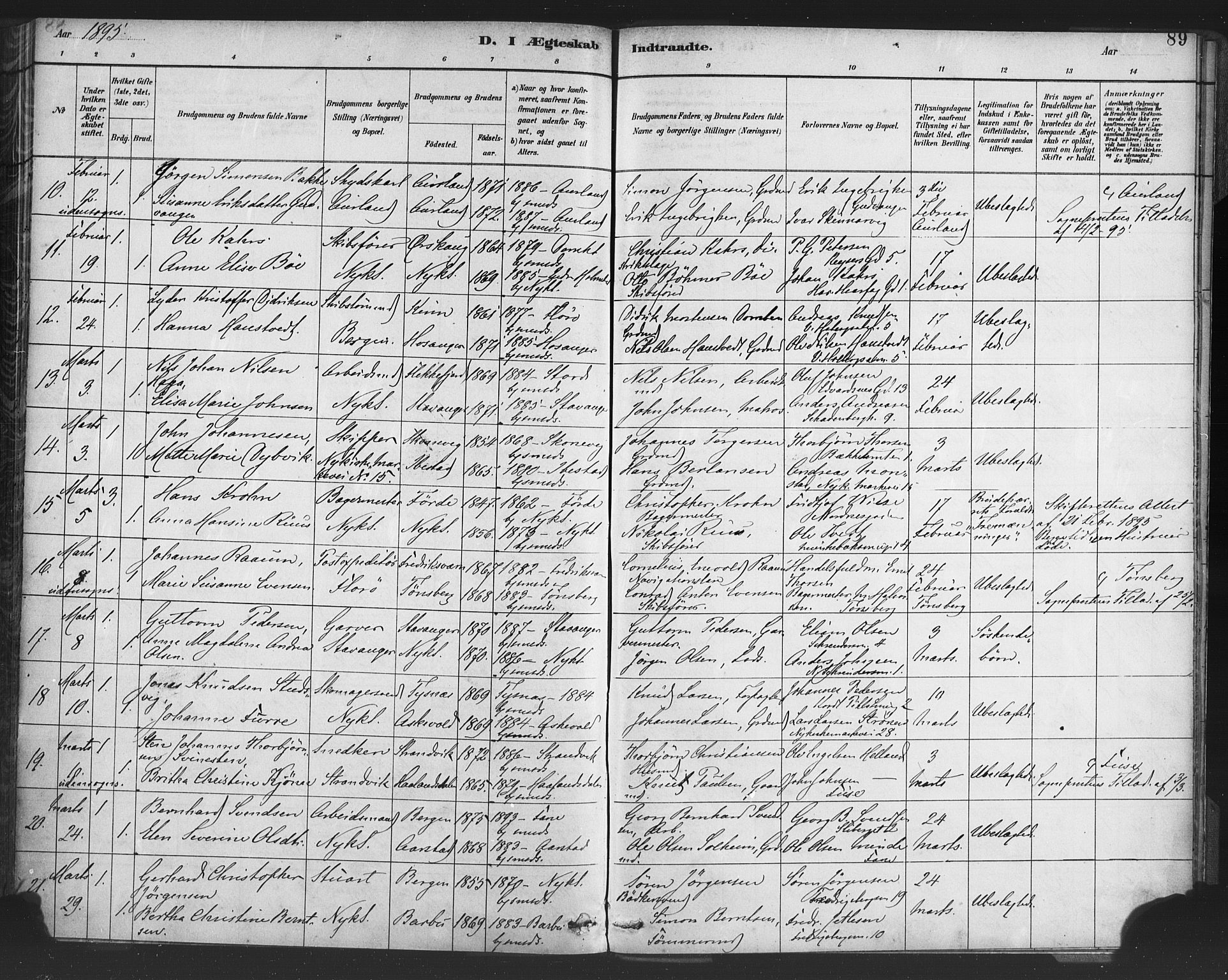 Nykirken Sokneprestembete, AV/SAB-A-77101/H/Haa/L0033: Parish register (official) no. D 3, 1884-1895, p. 89