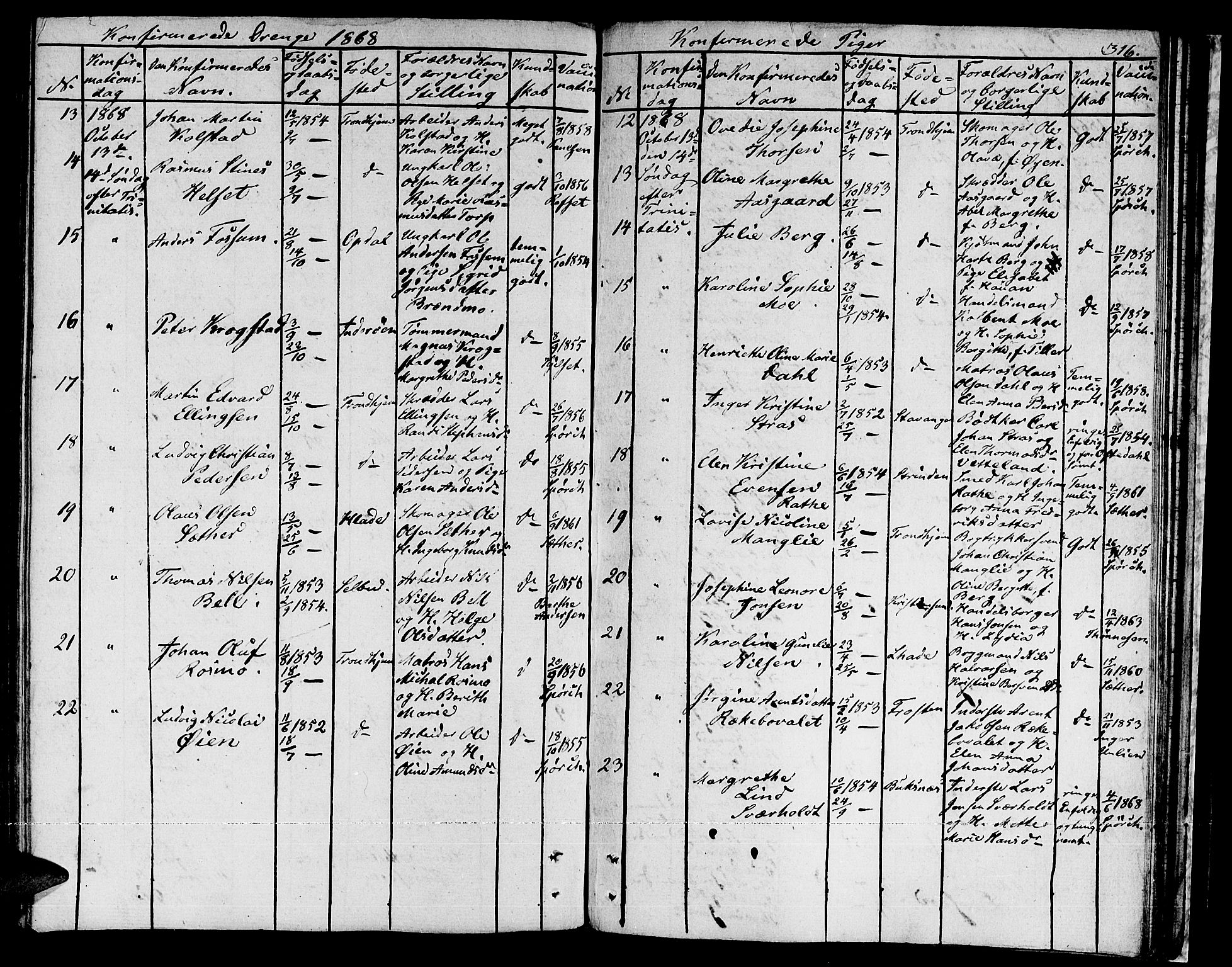 Ministerialprotokoller, klokkerbøker og fødselsregistre - Sør-Trøndelag, AV/SAT-A-1456/601/L0070: Curate's parish register no. 601B03, 1821-1881, p. 316