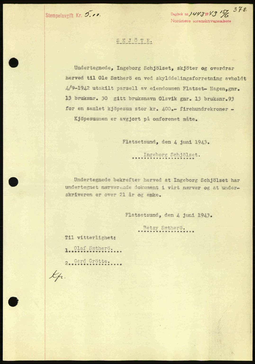 Nordmøre sorenskriveri, AV/SAT-A-4132/1/2/2Ca: Mortgage book no. A95, 1943-1943, Diary no: : 1443/1943