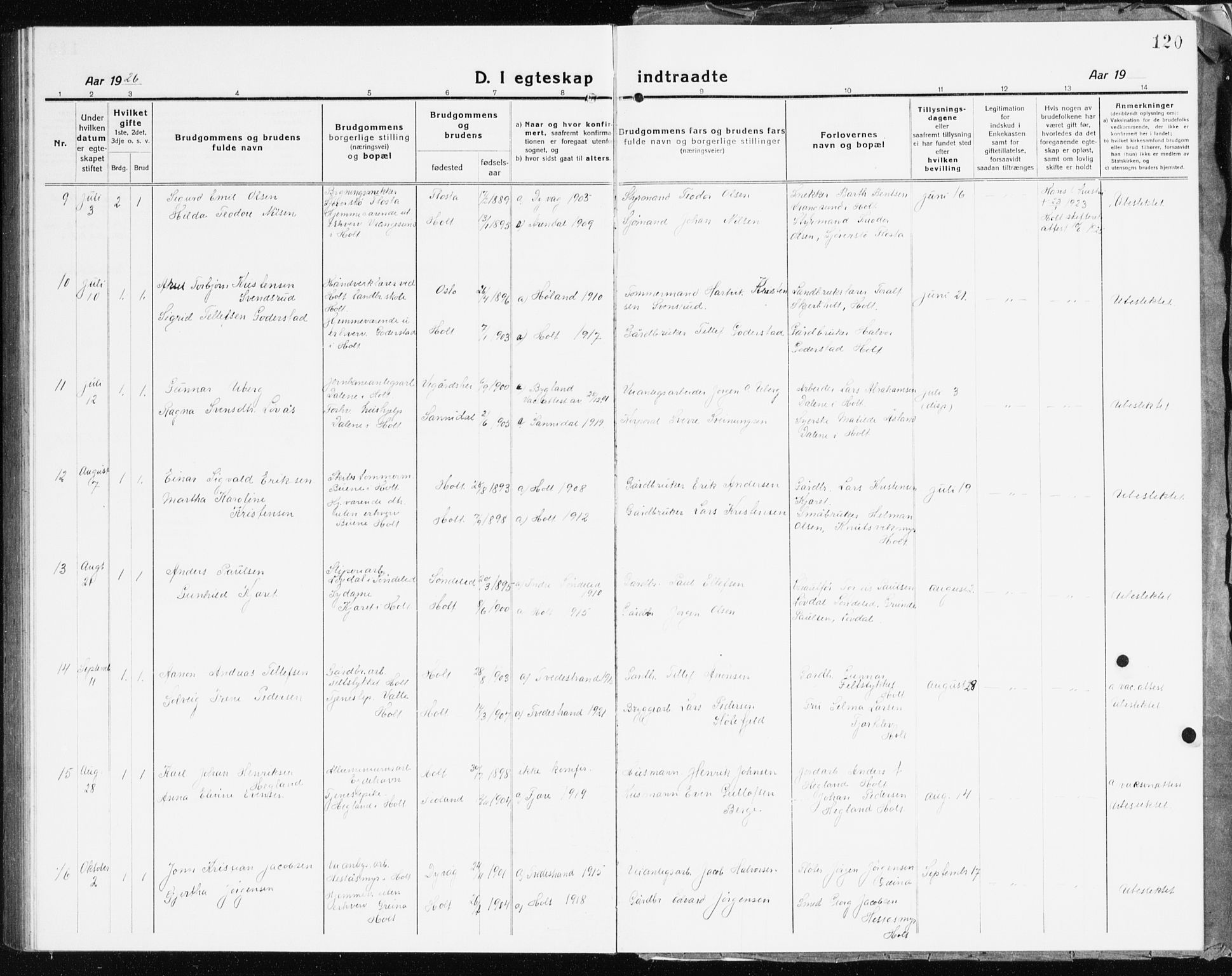 Holt sokneprestkontor, AV/SAK-1111-0021/F/Fb/L0012: Parish register (copy) no. B 12, 1919-1944, p. 120