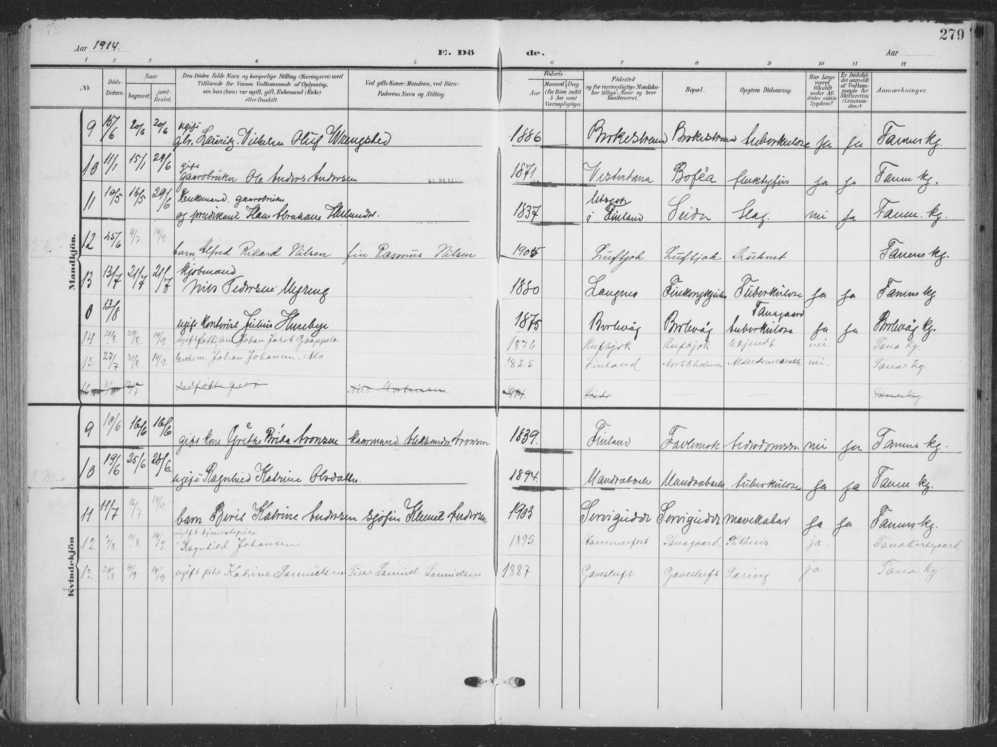 Tana sokneprestkontor, AV/SATØ-S-1334/H/Ha/L0007kirke: Parish register (official) no. 7, 1904-1918, p. 279