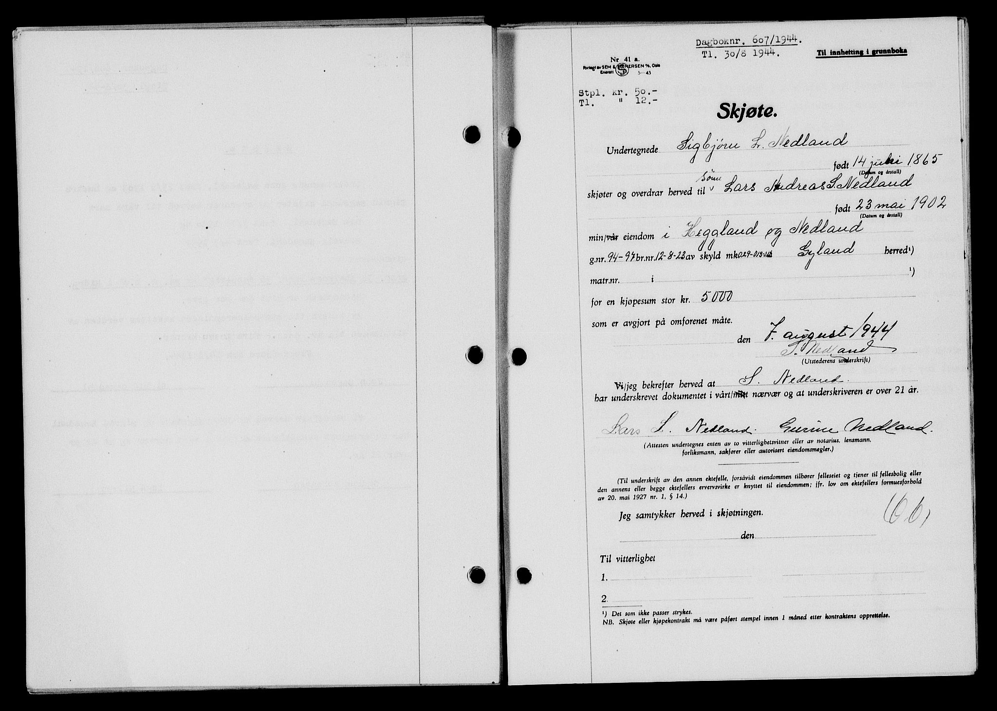 Flekkefjord sorenskriveri, SAK/1221-0001/G/Gb/Gba/L0059: Mortgage book no. A-7, 1944-1945, Diary no: : 607/1944