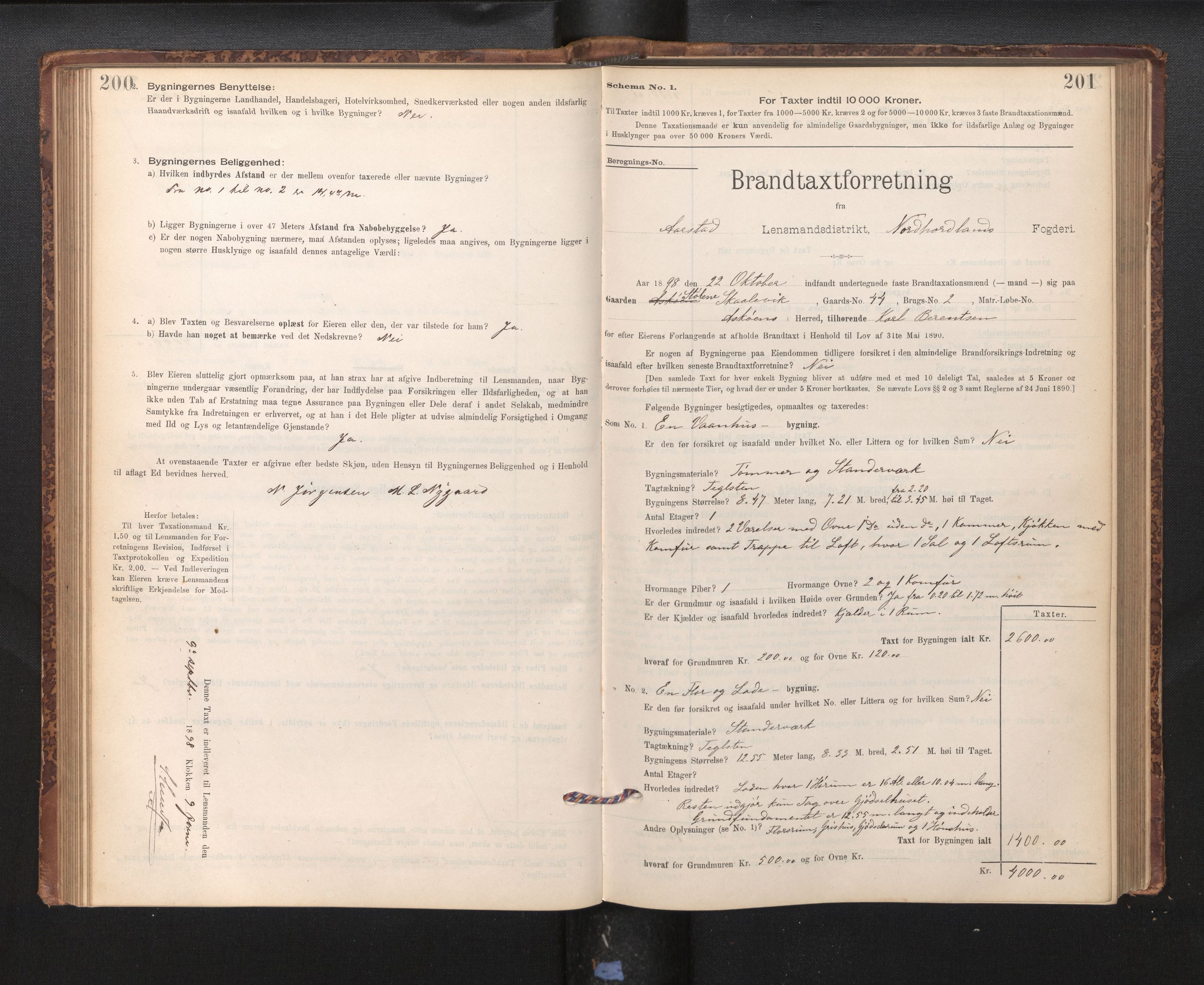 Lensmannen i Årstad, AV/SAB-A-36201/0012/L0011: Branntakstprotokoll,skjematakst, 1895-1901, p. 200-201