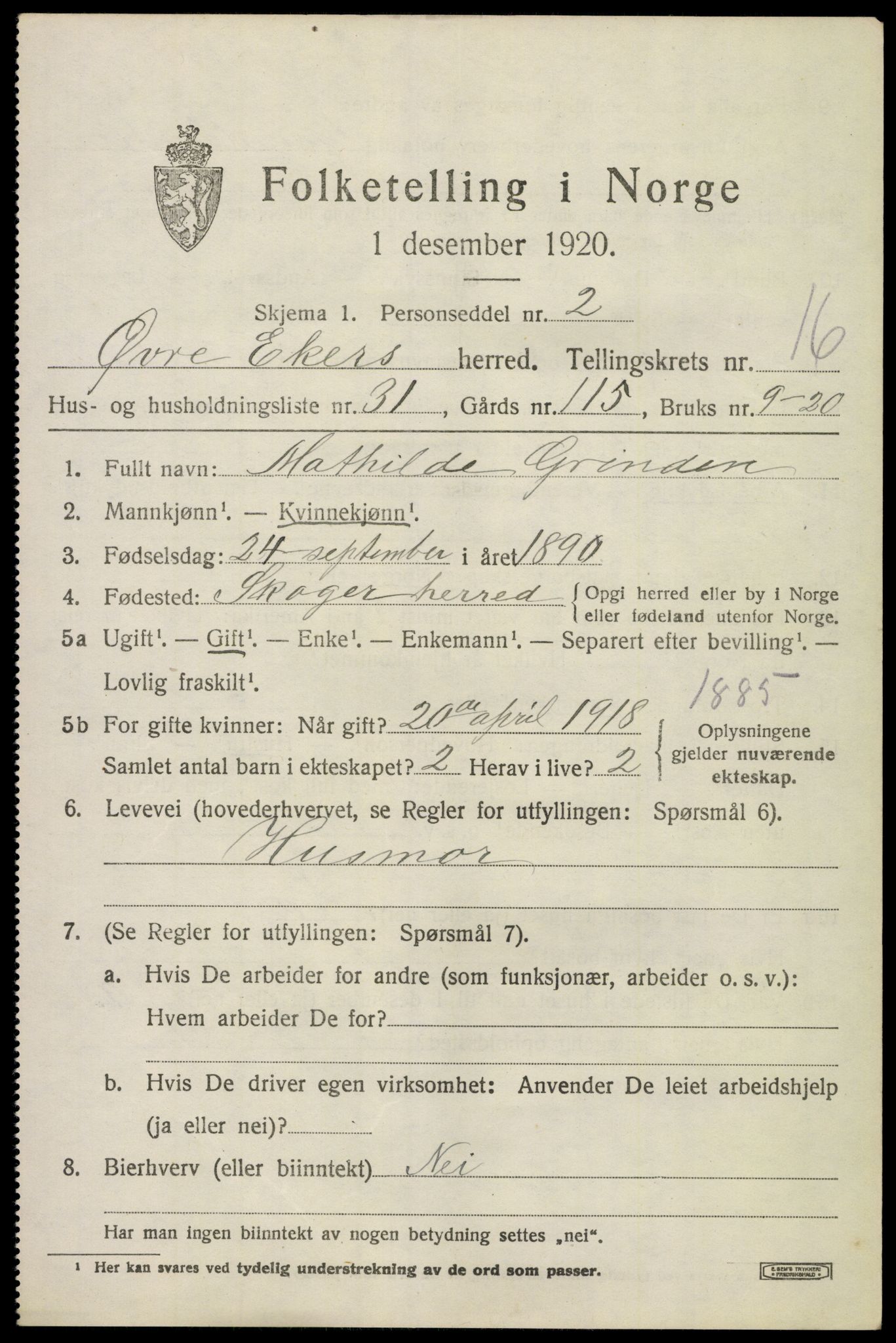 SAKO, 1920 census for Øvre Eiker, 1920, p. 21312