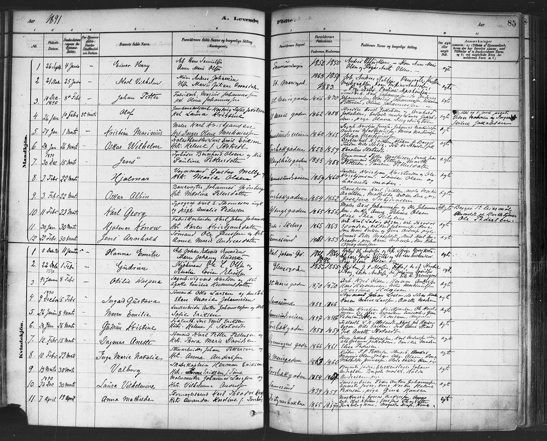 Sarpsborg prestekontor Kirkebøker, AV/SAO-A-2006/F/Fa/L0003: Parish register (official) no. 3, 1878-1891, p. 85