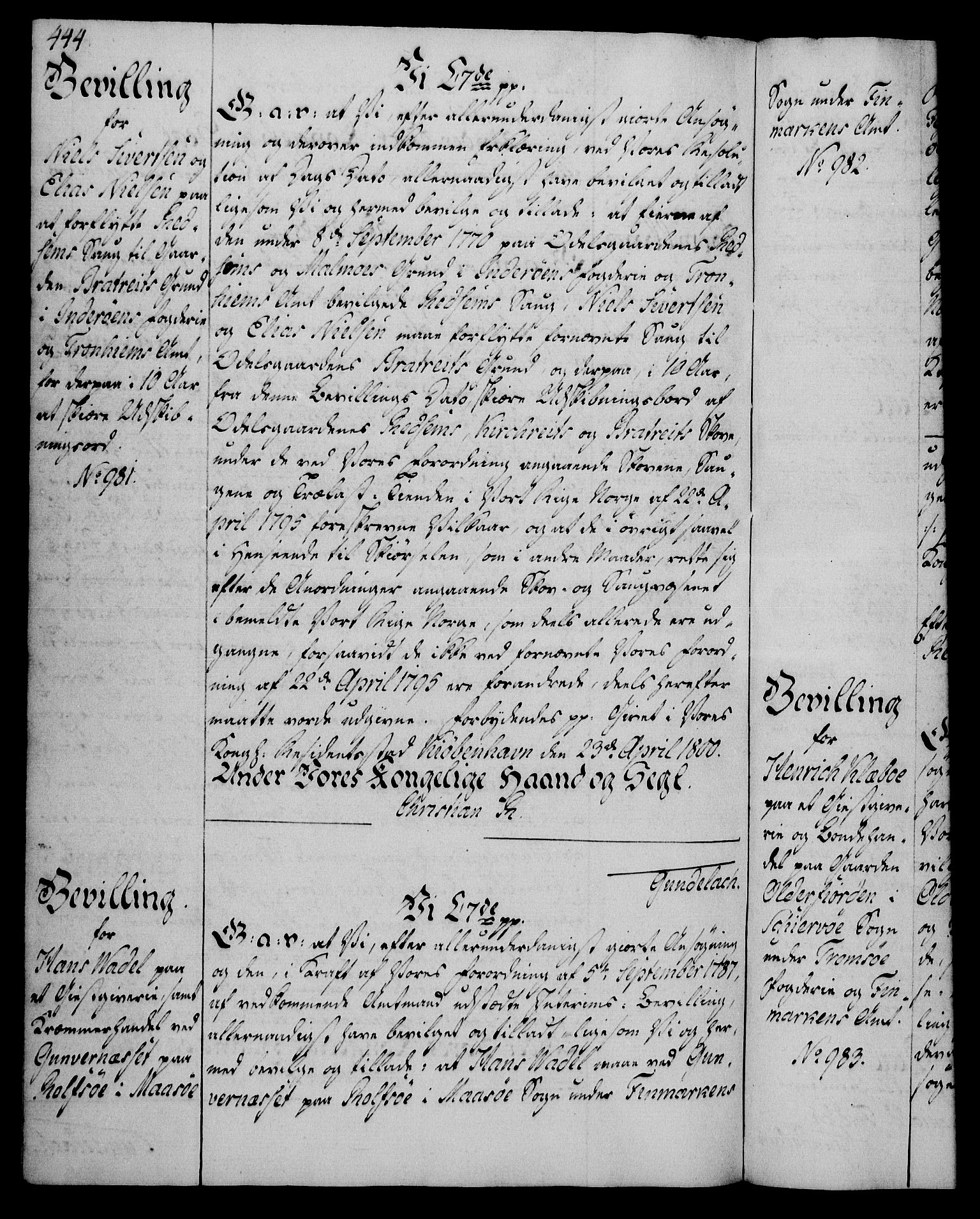 Rentekammeret, Kammerkanselliet, AV/RA-EA-3111/G/Gg/Gga/L0016: Norsk ekspedisjonsprotokoll med register (merket RK 53.16), 1794-1800, p. 444