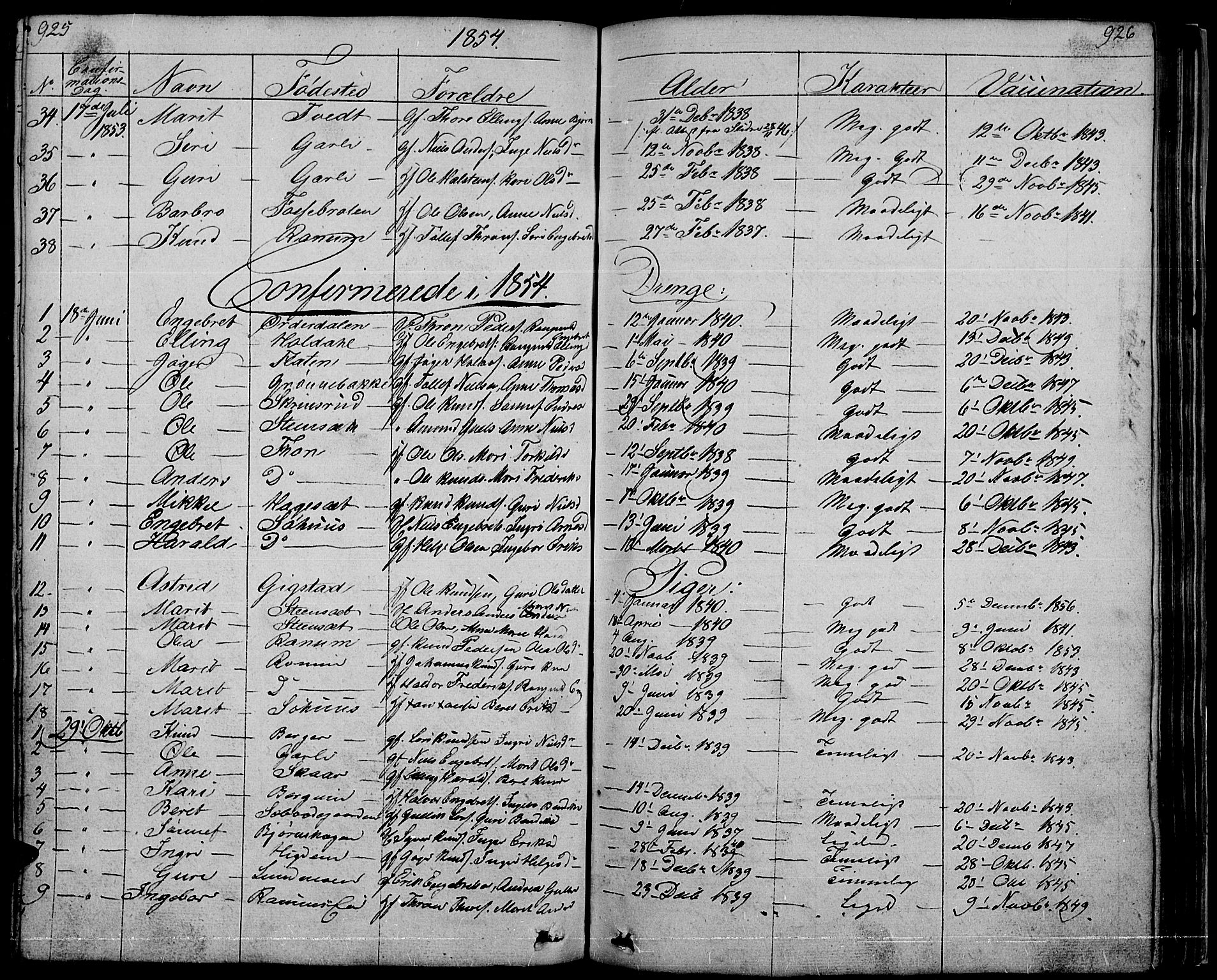 Nord-Aurdal prestekontor, SAH/PREST-132/H/Ha/Hab/L0001: Parish register (copy) no. 1, 1834-1887, p. 925-926