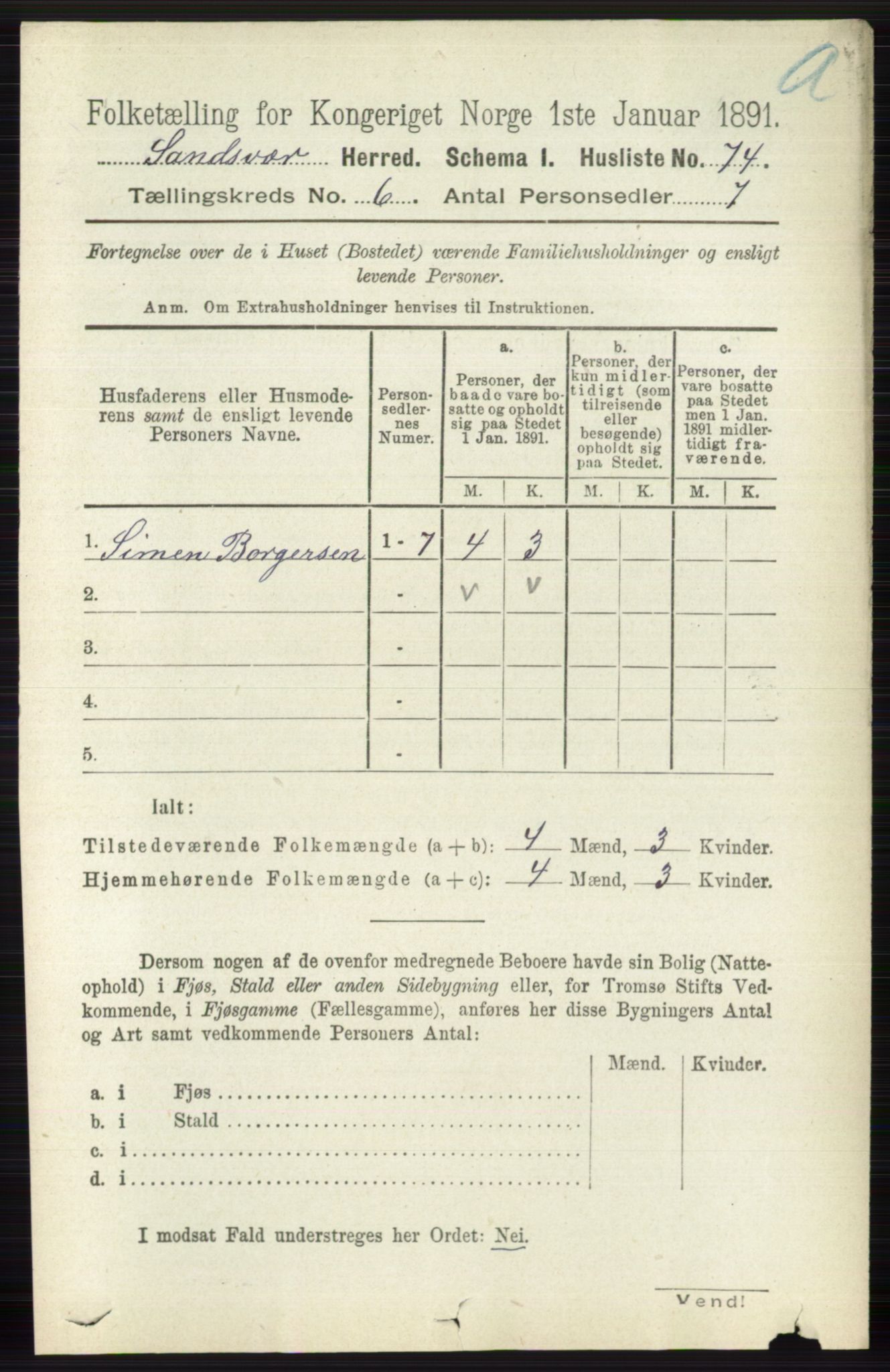 RA, 1891 census for 0629 Sandsvær, 1891, p. 3377