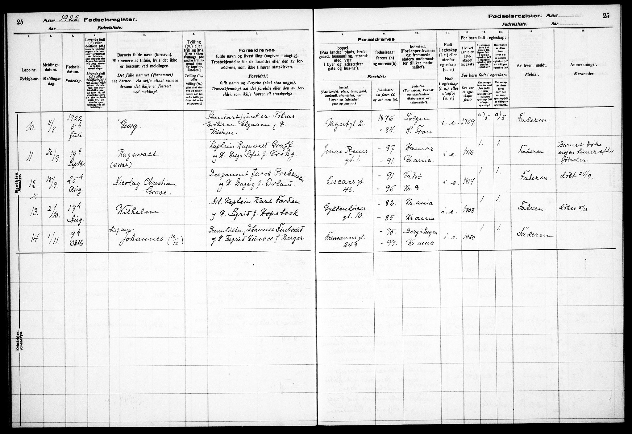 Garnisonsmenigheten Kirkebøker, AV/SAO-A-10846/J/Ja/L0001: Birth register no. 1, 1916-1938, p. 25