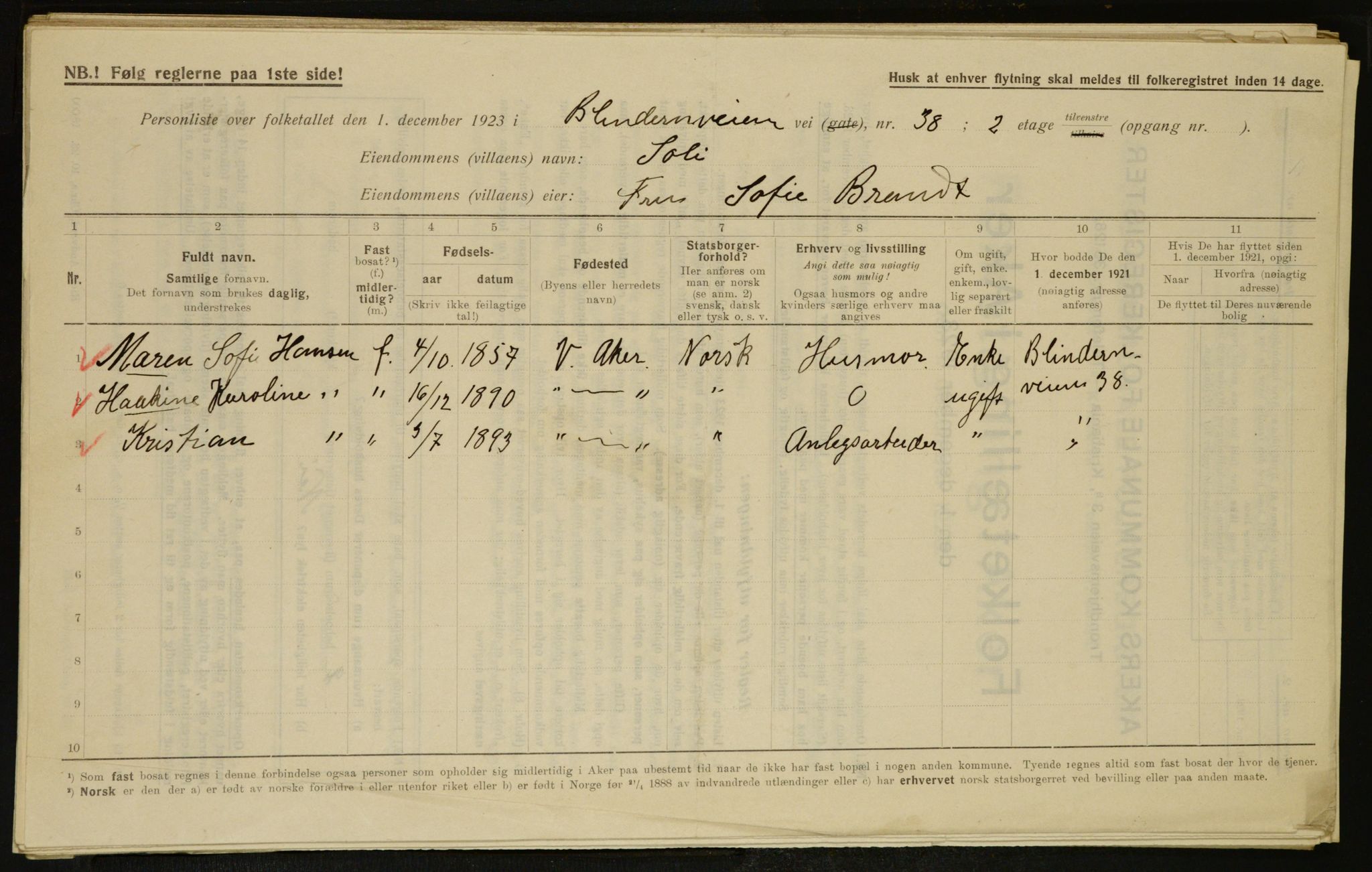 , Municipal Census 1923 for Aker, 1923, p. 7980