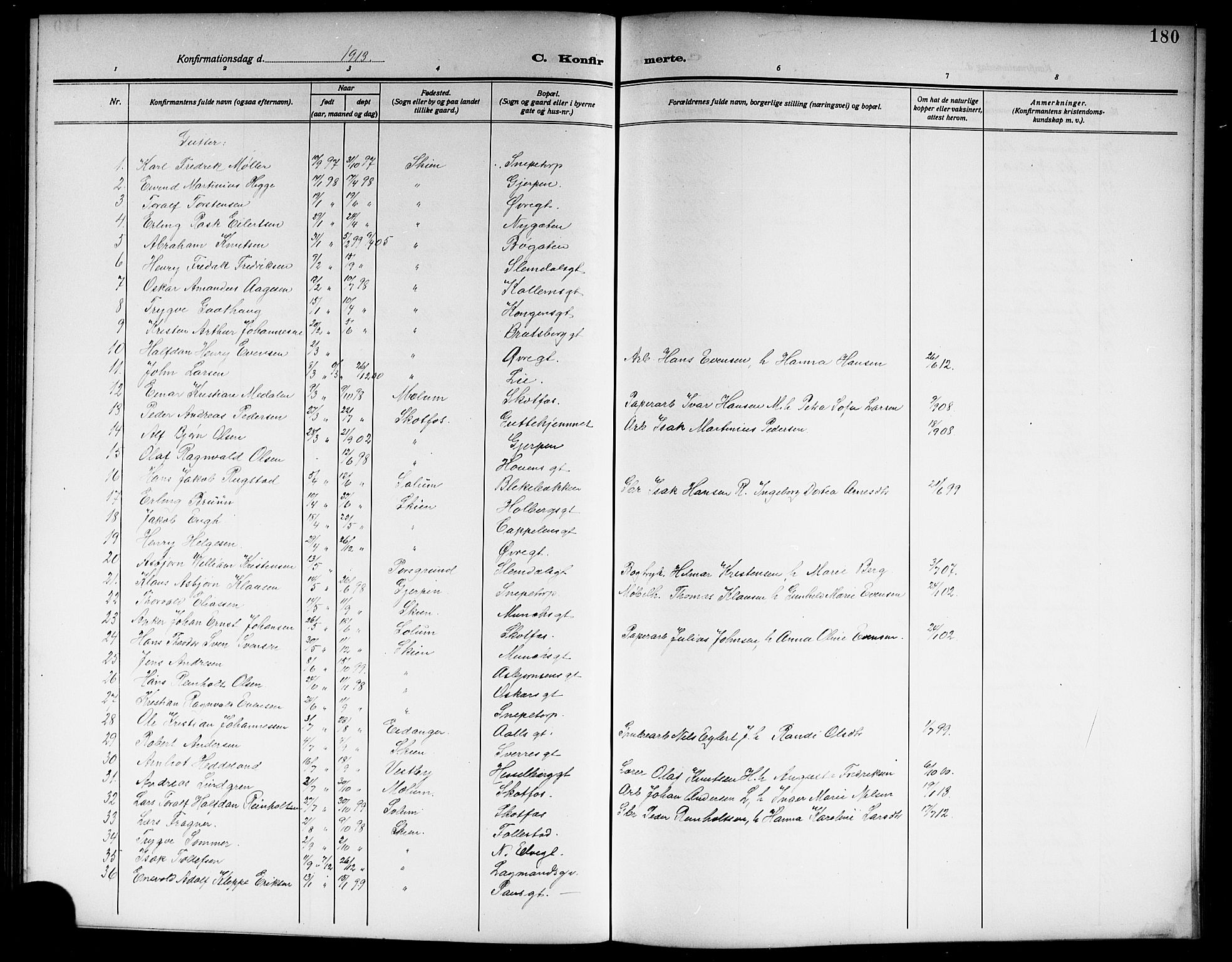 Skien kirkebøker, SAKO/A-302/G/Ga/L0009: Parish register (copy) no. 9, 1910-1920, p. 180